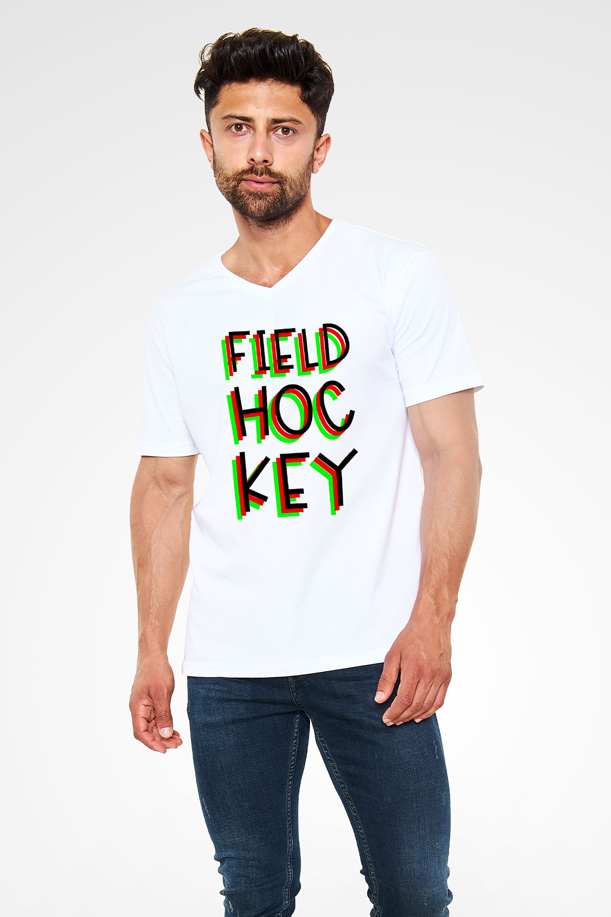 Çim Hokeyi Baskılı Unisex V Yaka Tişört - Tshirt