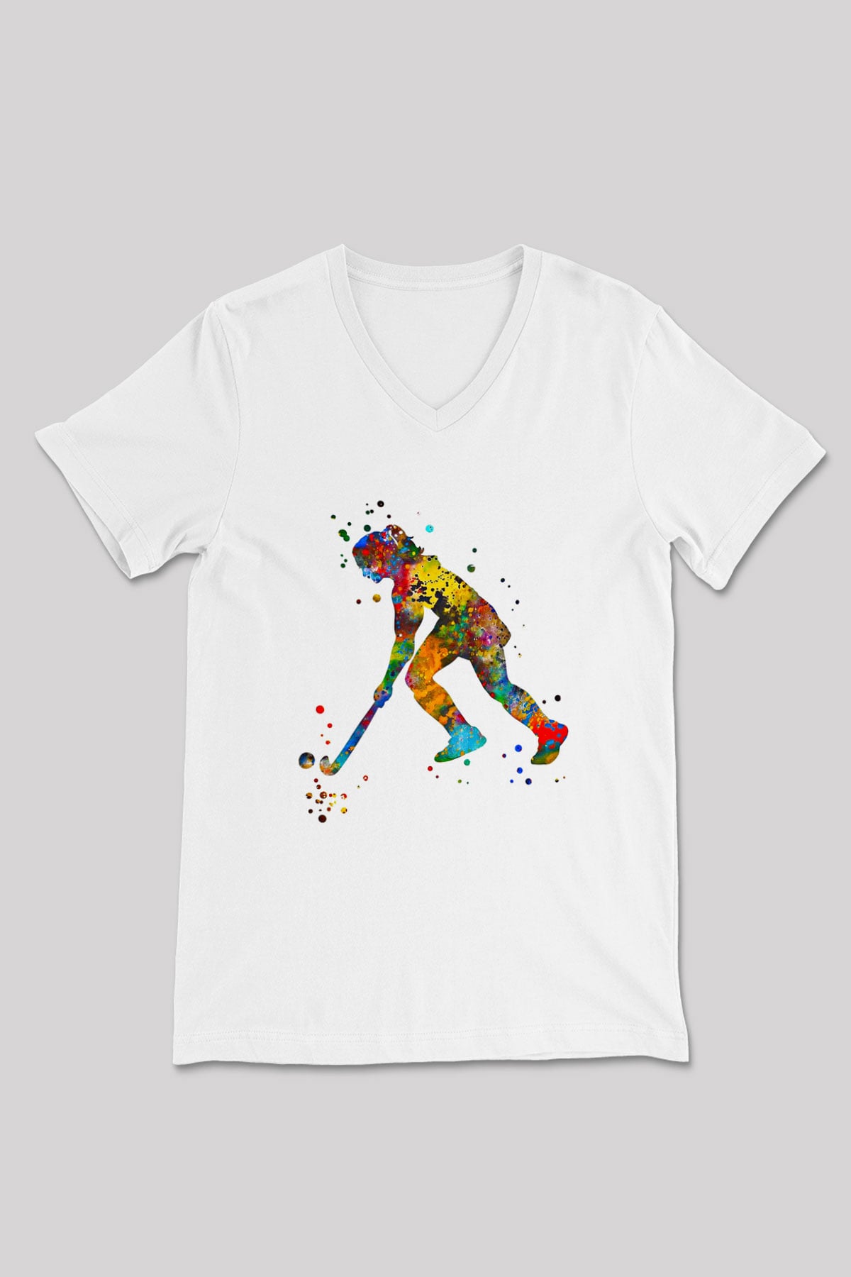 Çim Hokeyi Baskılı Unisex V Yaka Tişört - Tshirt