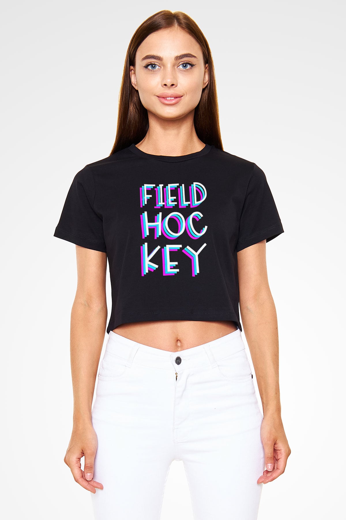 Çim Hokeyi - Field Hockey Baskılı Crop Top Siyah Kadın Tişört - Tshirt