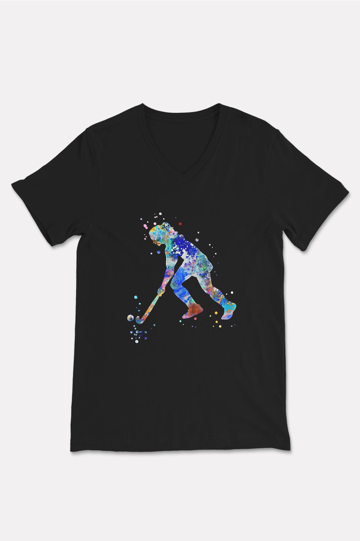 Çim Hokeyi - Field Hockey Baskılı Unisex Siyah V Yaka Tişört