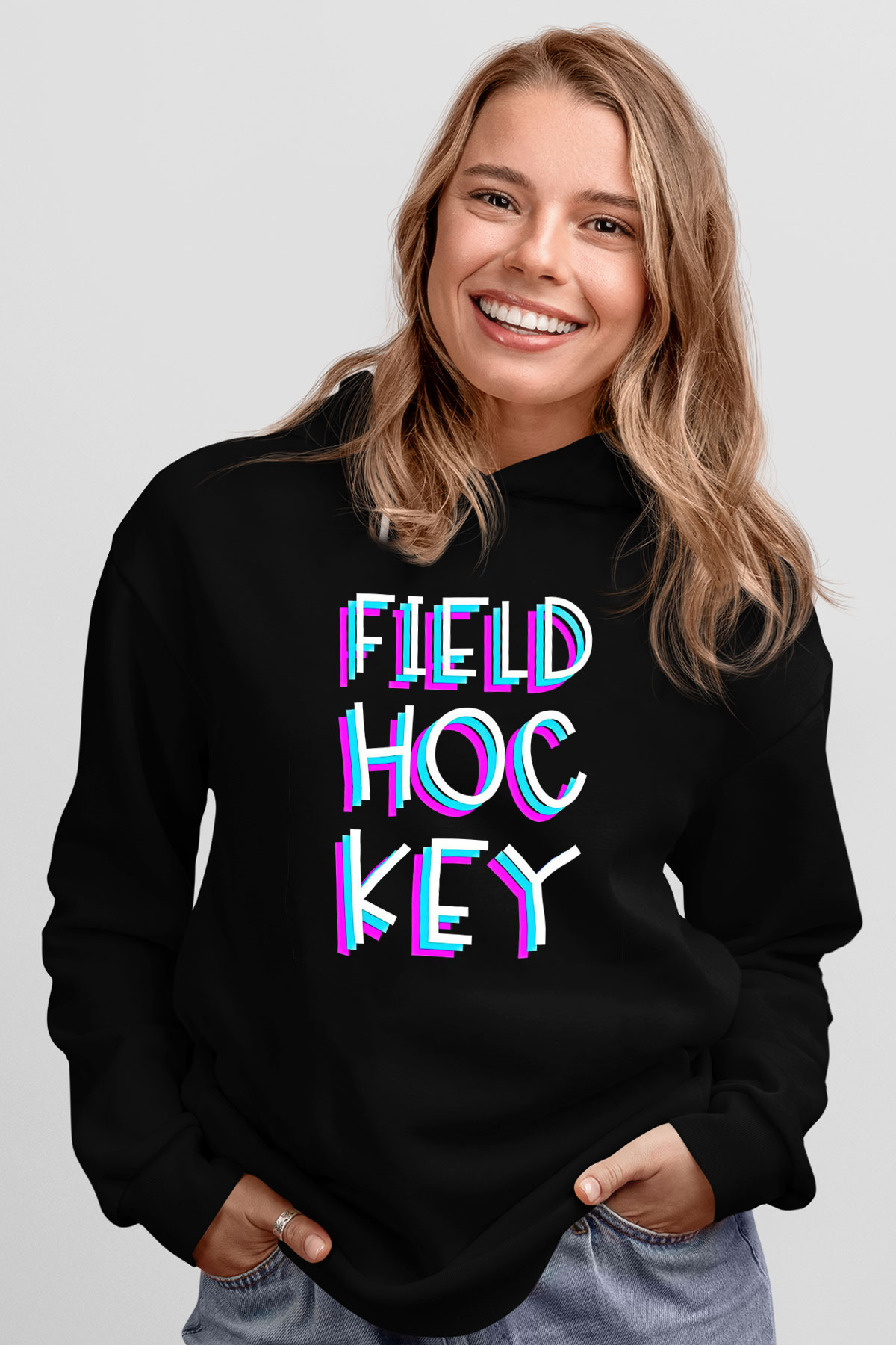 Çim Hokeyi - Field Hockey Baskılı Unisex Siyah Hoodie