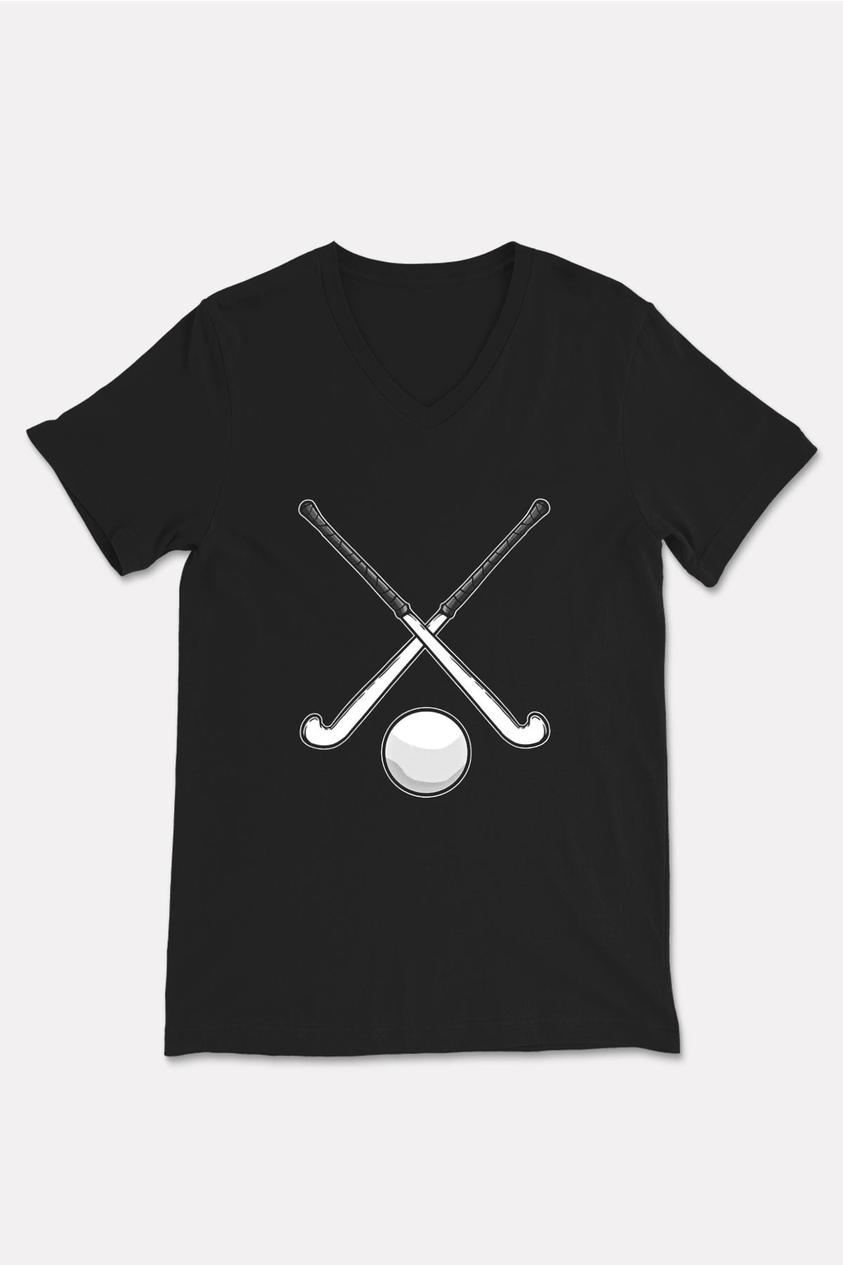 Çim Hokeyi - Field Hockey Baskılı Unisex Siyah V Yaka Tişört