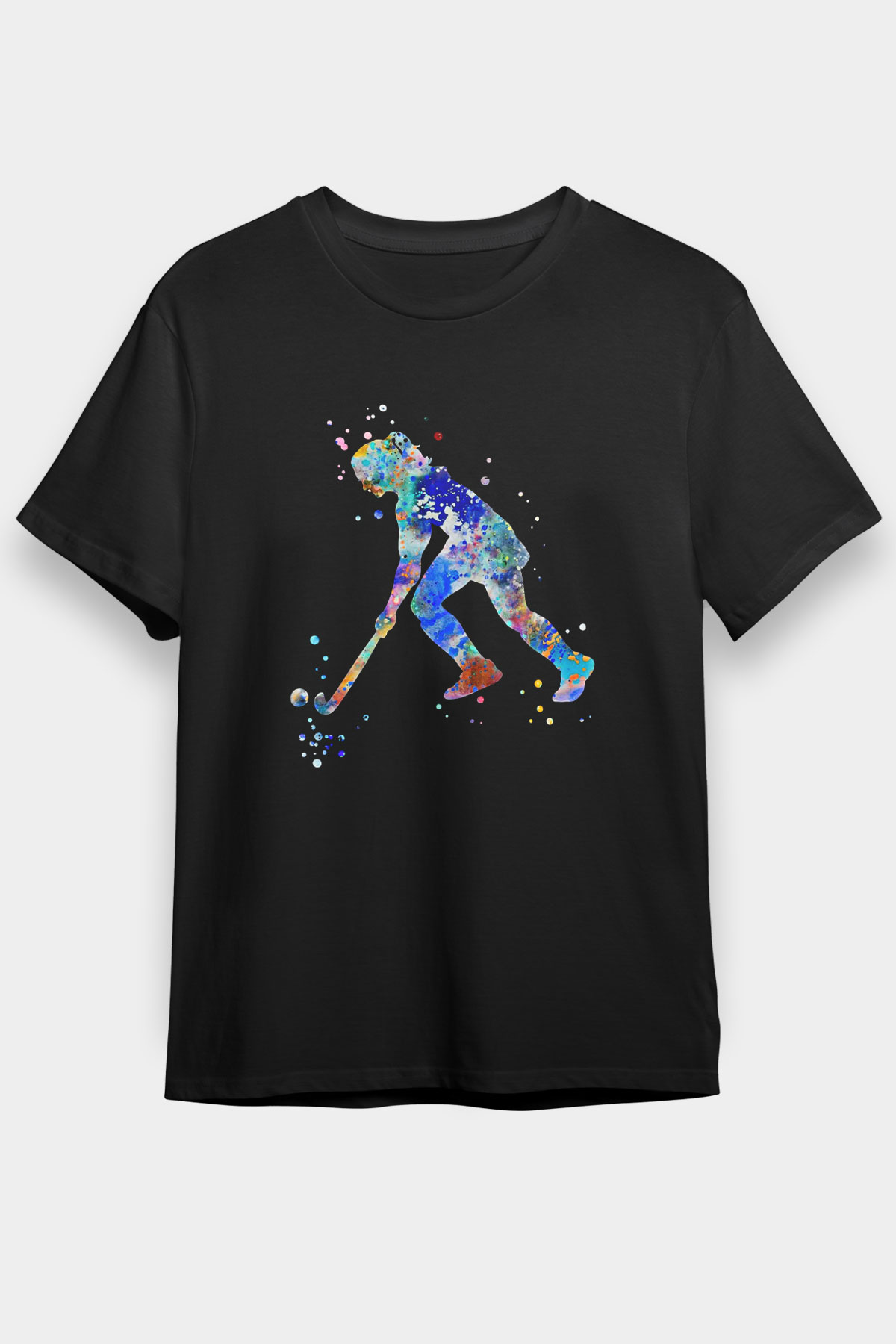 Çim Hokeyi - Field Hockey Baskılı Unisex Siyah Tişört - Tshirt