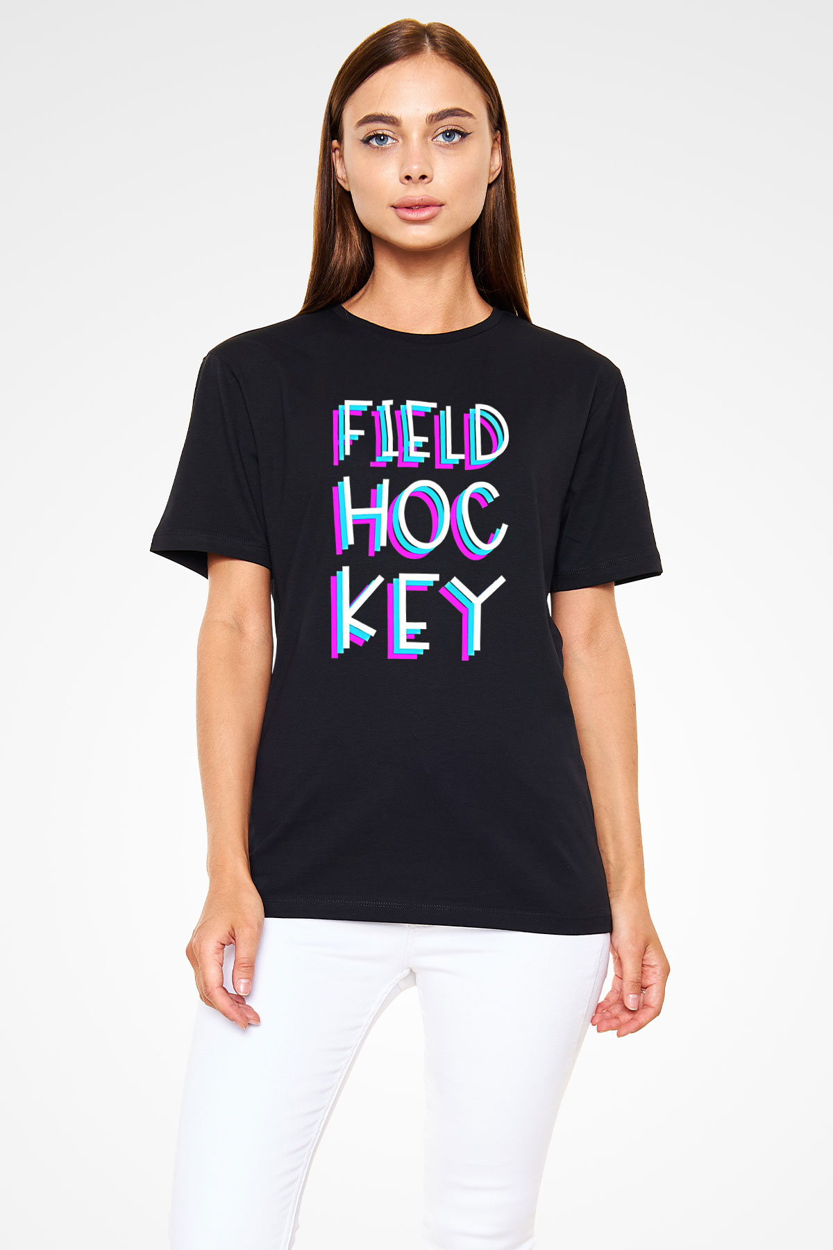 Çim Hokeyi - Field Hockey Baskılı Unisex Siyah Tişört - Tshirt