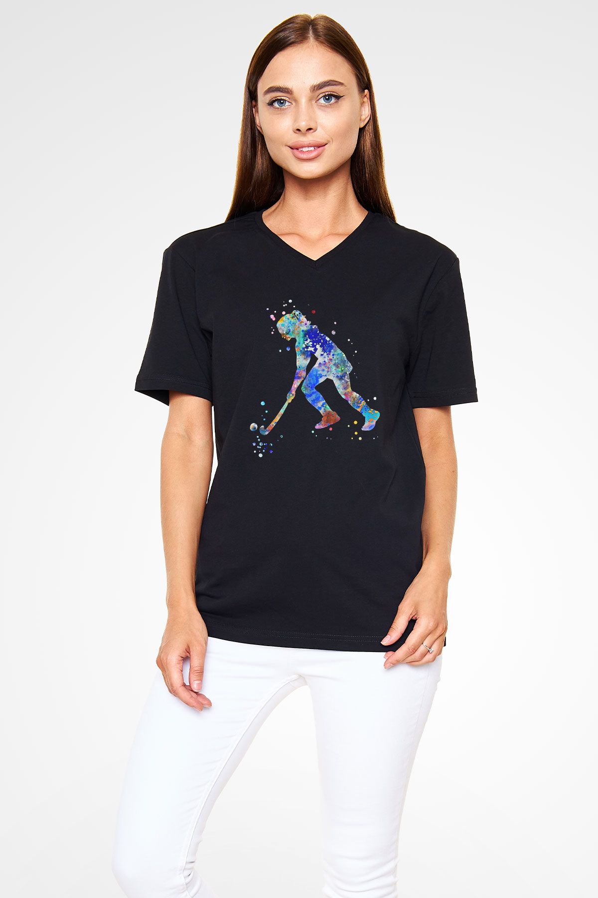 Çim Hokeyi - Field Hockey Baskılı Unisex Siyah V Yaka Tişört