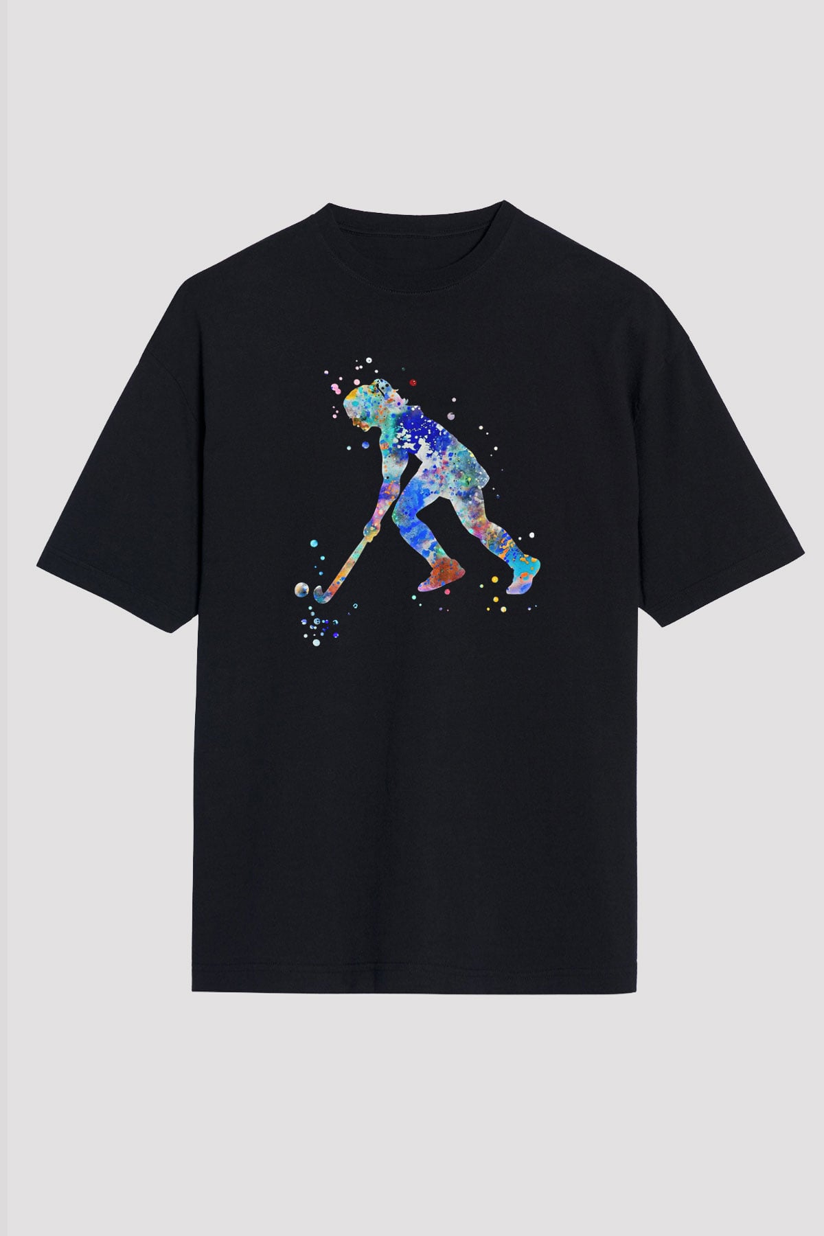 Çim Hokeyi - Field Hockey Baskılı Unisex Siyah Oversize Tişört