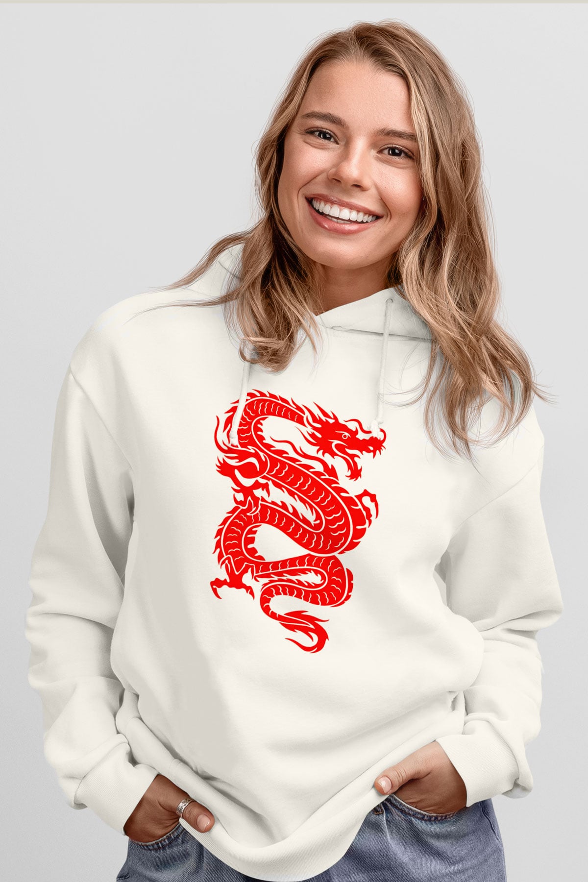 Çin Beyaz Unisex Kapşonlu Sweatshirt