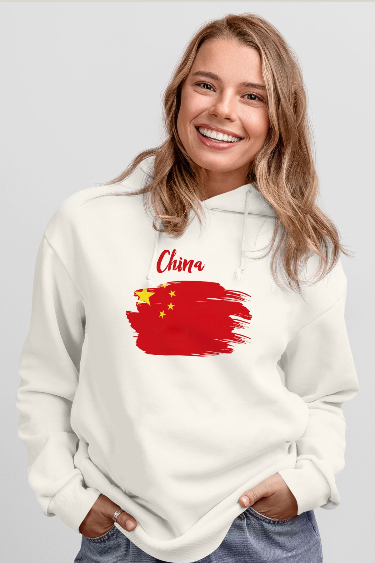 Çin Beyaz Unisex Kapşonlu Sweatshirt