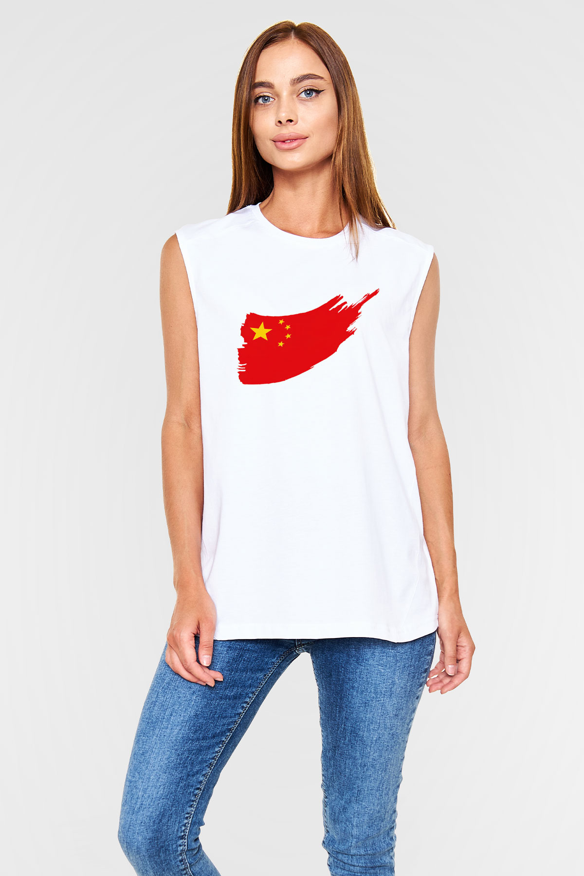 Çin Beyaz Unisex Kolsuz Tişört