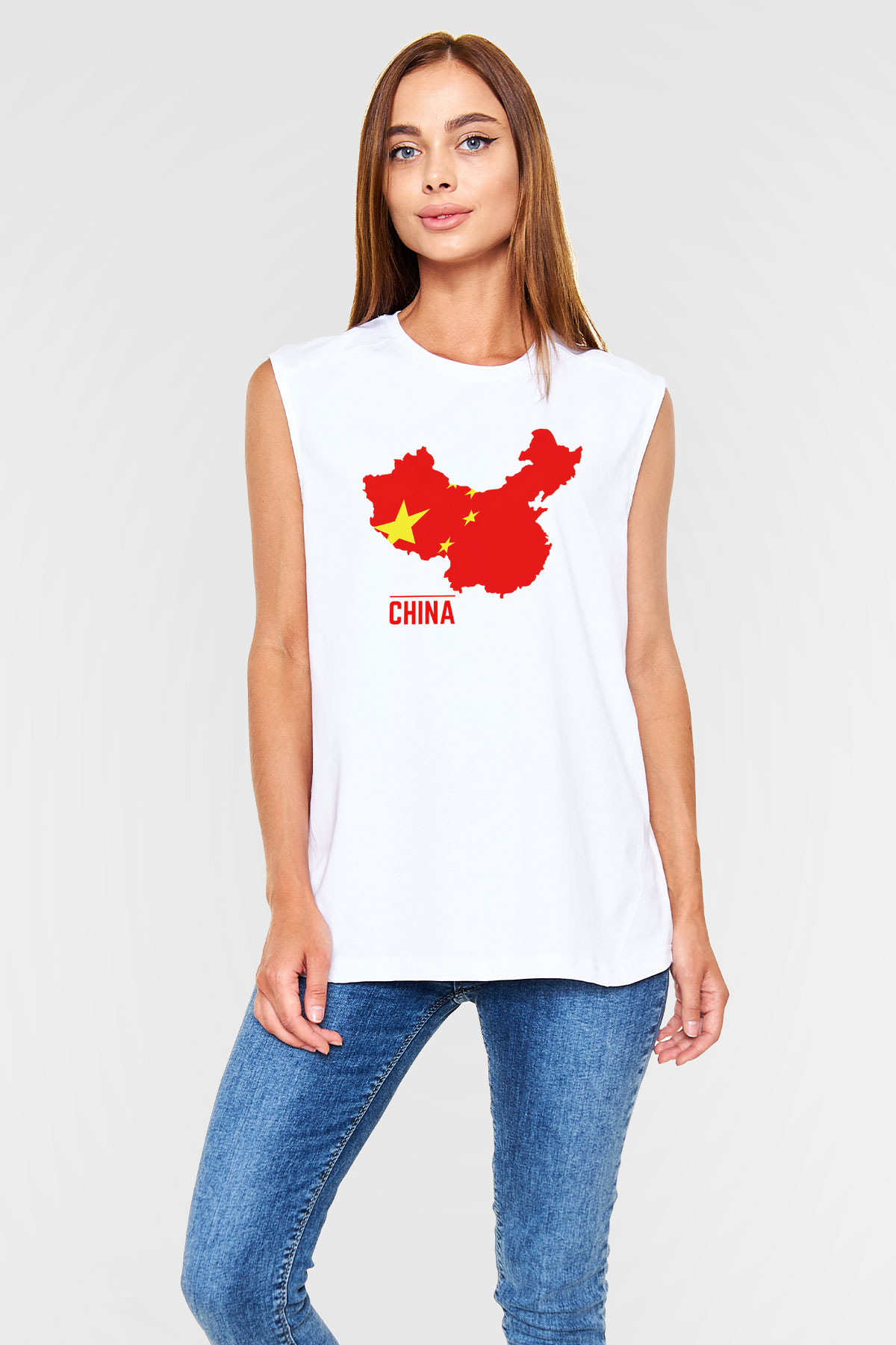Çin Beyaz Unisex Kolsuz Tişört