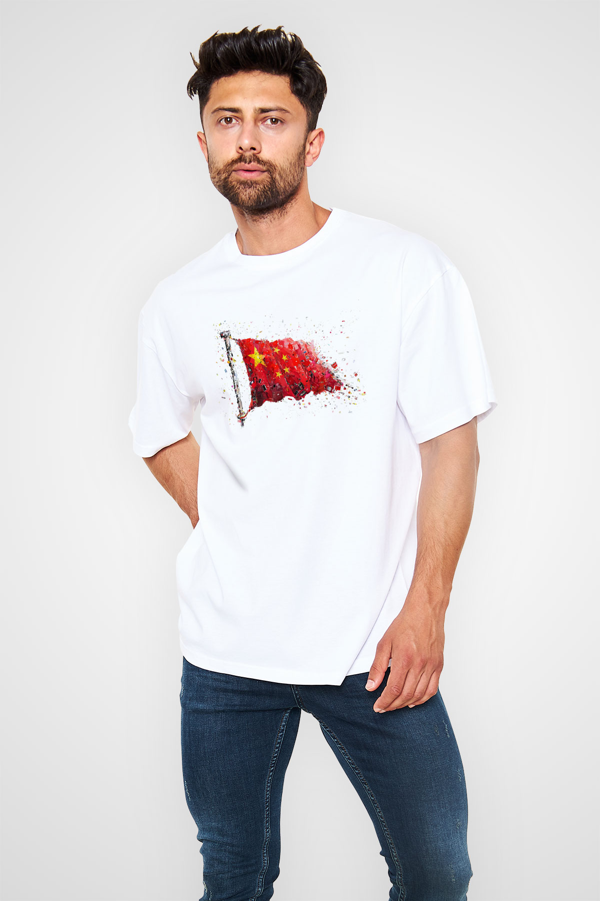 Çin Beyaz Unisex Oversize Tişört T-Shirt