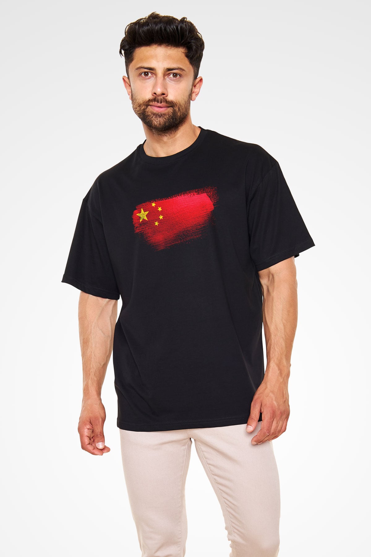 Çin - China Bayrağı Baskılı Unisex Siyah Oversize Tişört