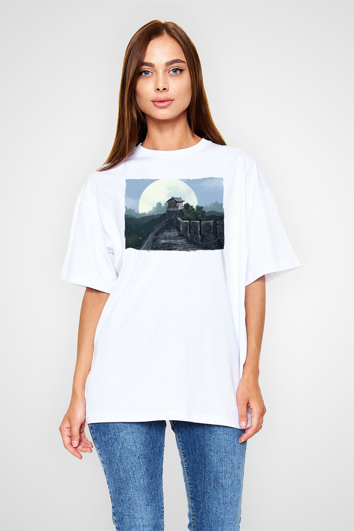 Çin Seddi Beyaz Unisex Tişört T-Shirt - TişörtFabrikası