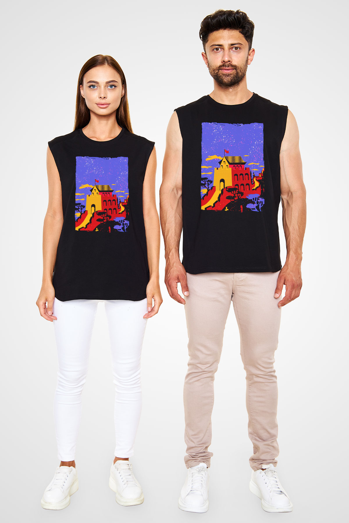 Çin Seddi Siyah Unisex Kolsuz Tişört