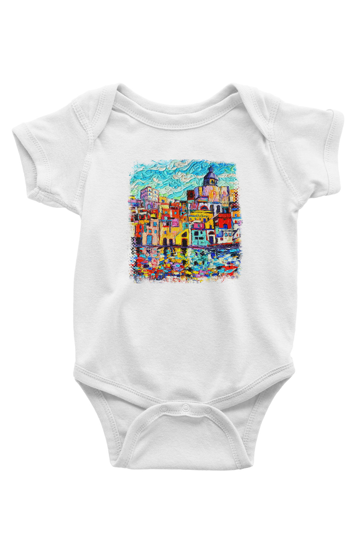 Cinque Terre Baskılı Beyaz Unisex Bebek Body - Zıbın