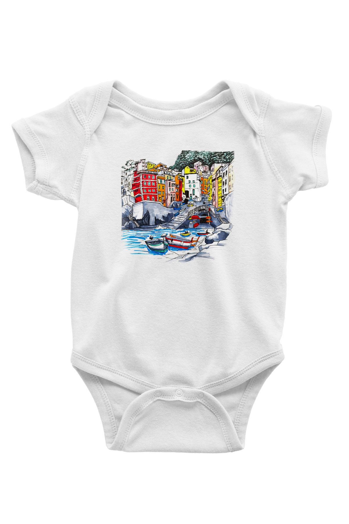 Cinque Terre Baskılı Beyaz Unisex Bebek Body - Zıbın