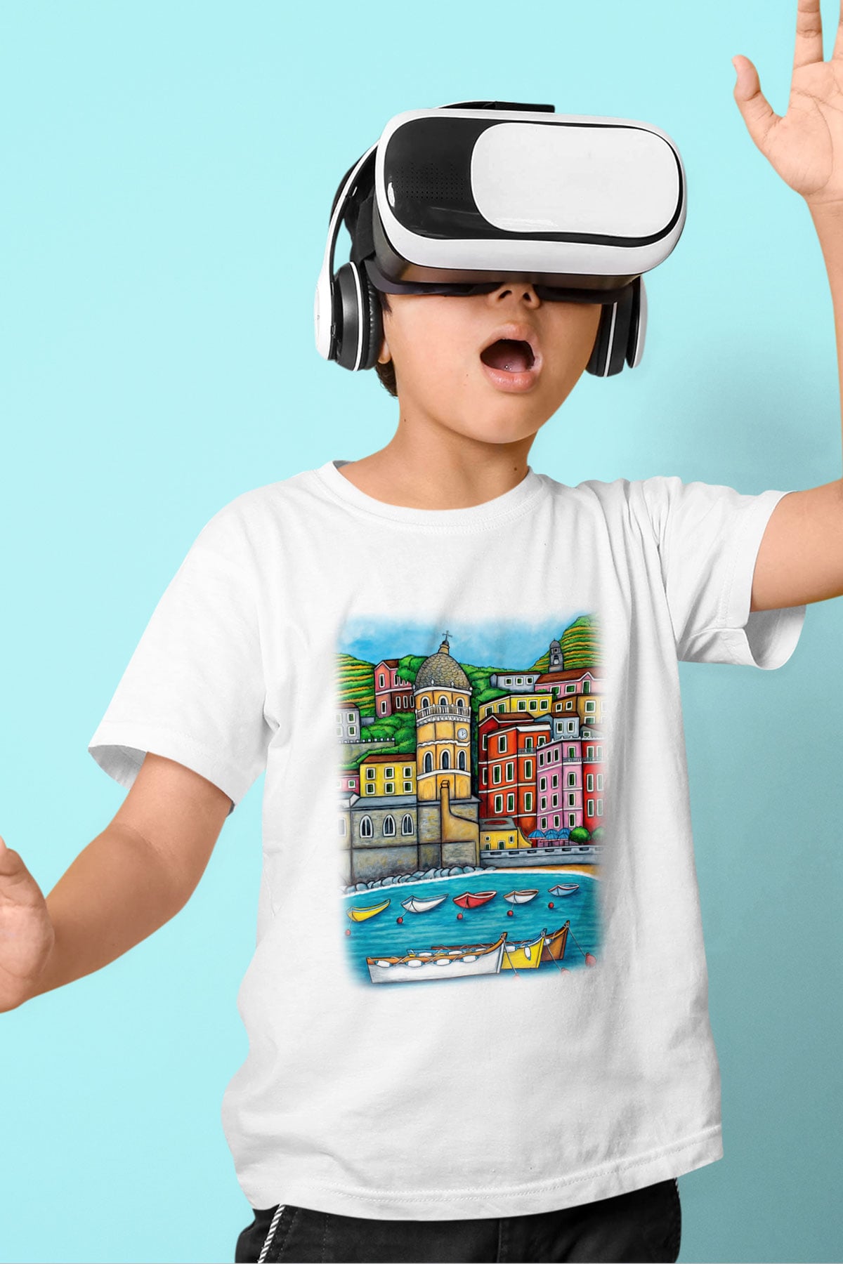 Cinque Terre Baskılı Beyaz Unisex Çocuk Tişört