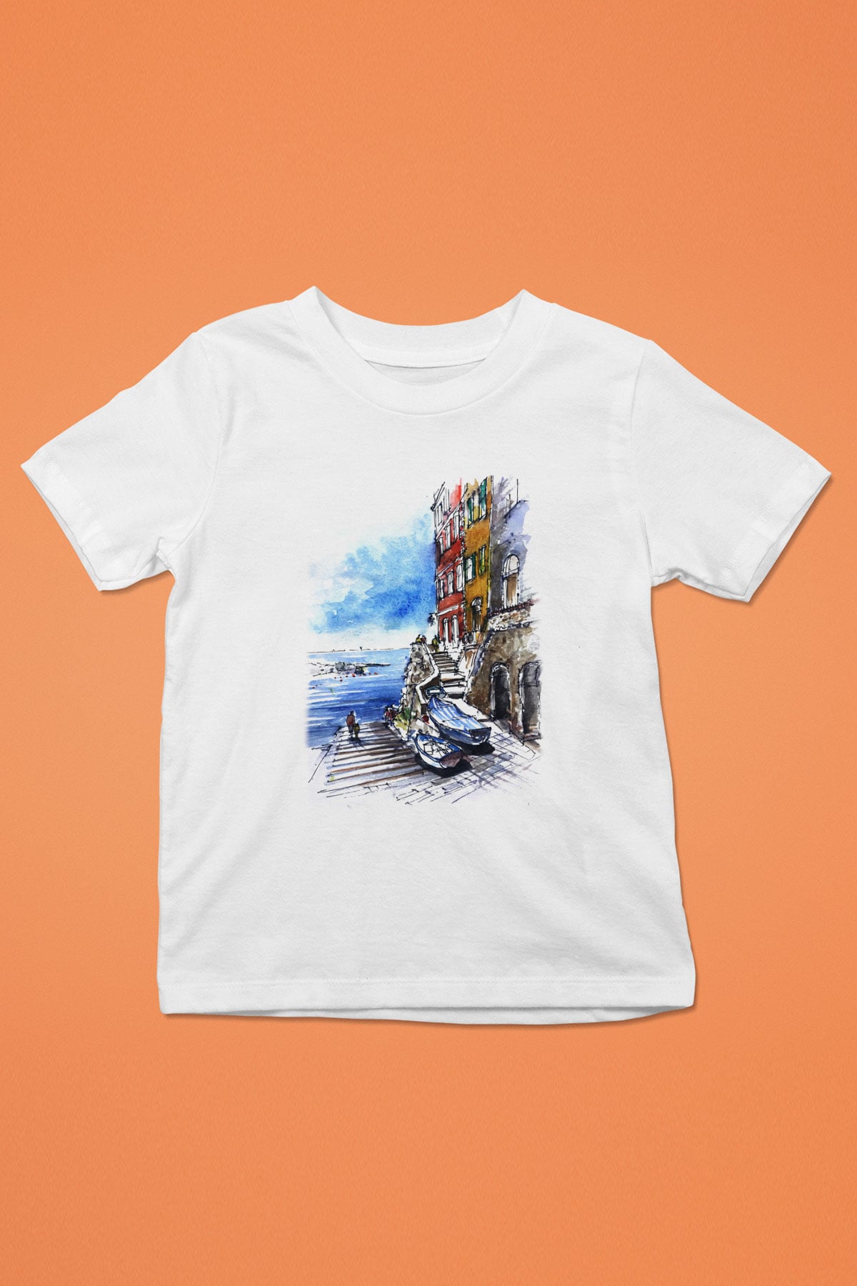 Cinque Terre Baskılı Beyaz Unisex Çocuk Tişört