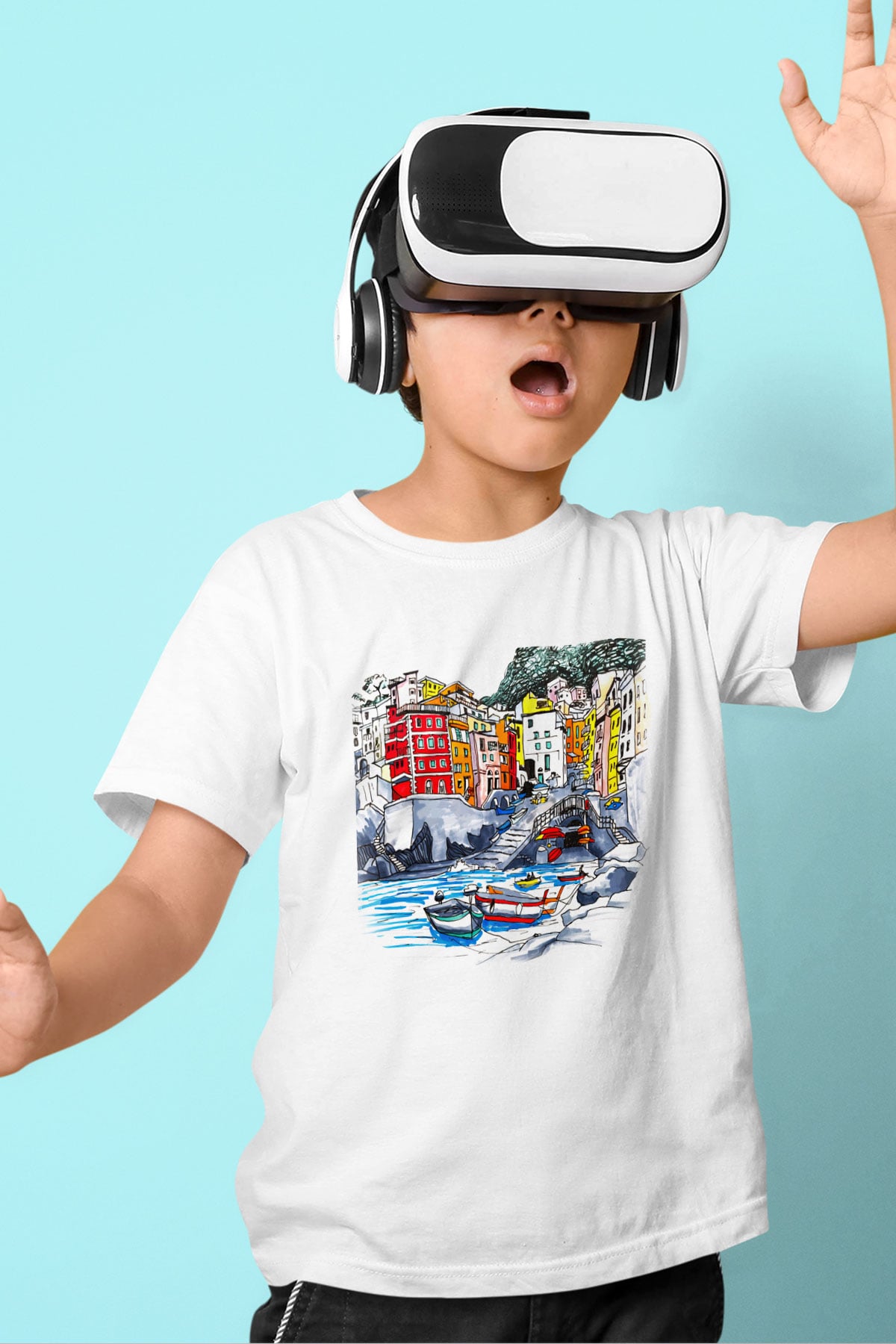 Cinque Terre Baskılı Beyaz Unisex Çocuk Tişört