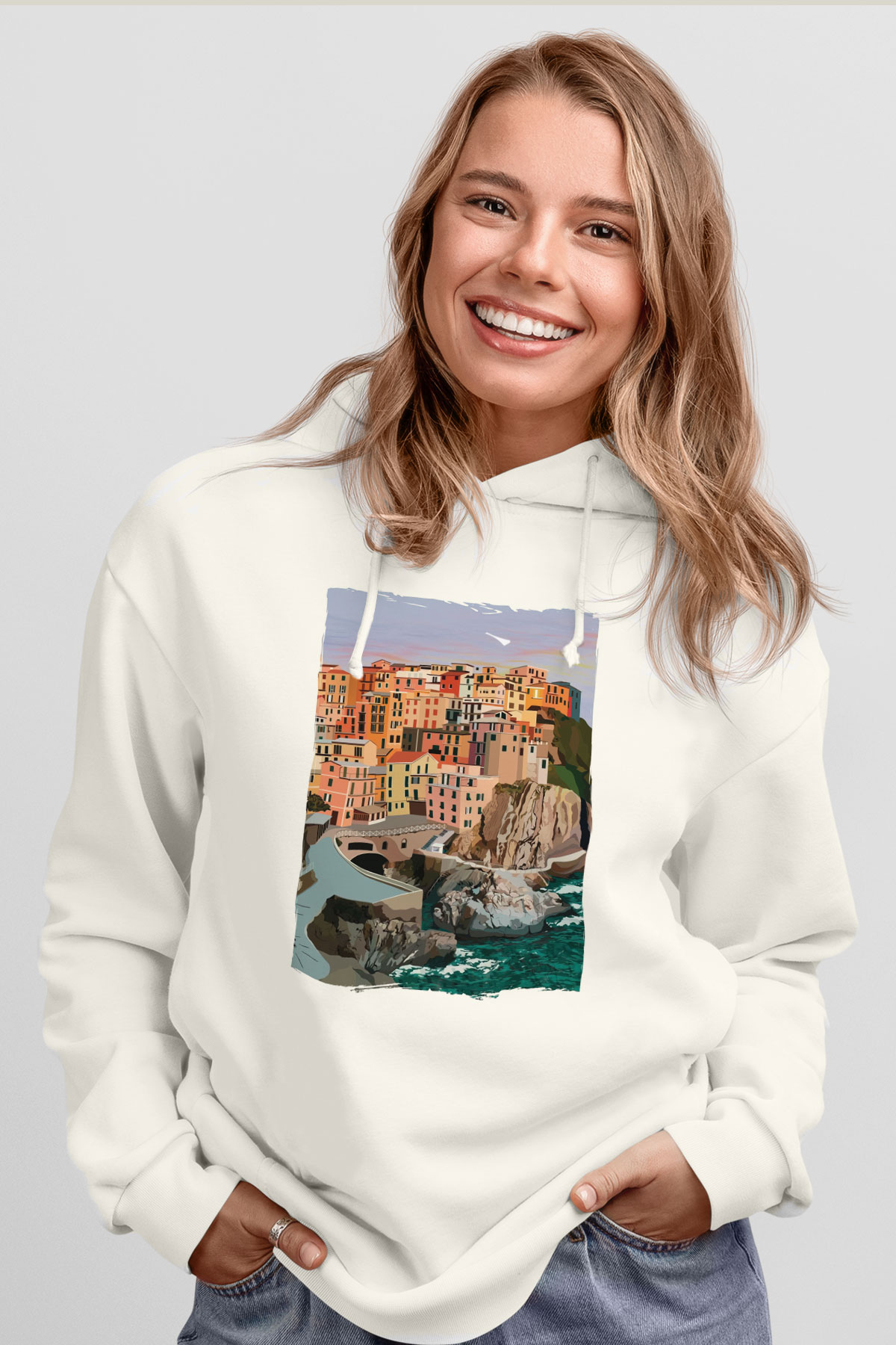 Cinque Terre Beyaz Unisex Hoodie