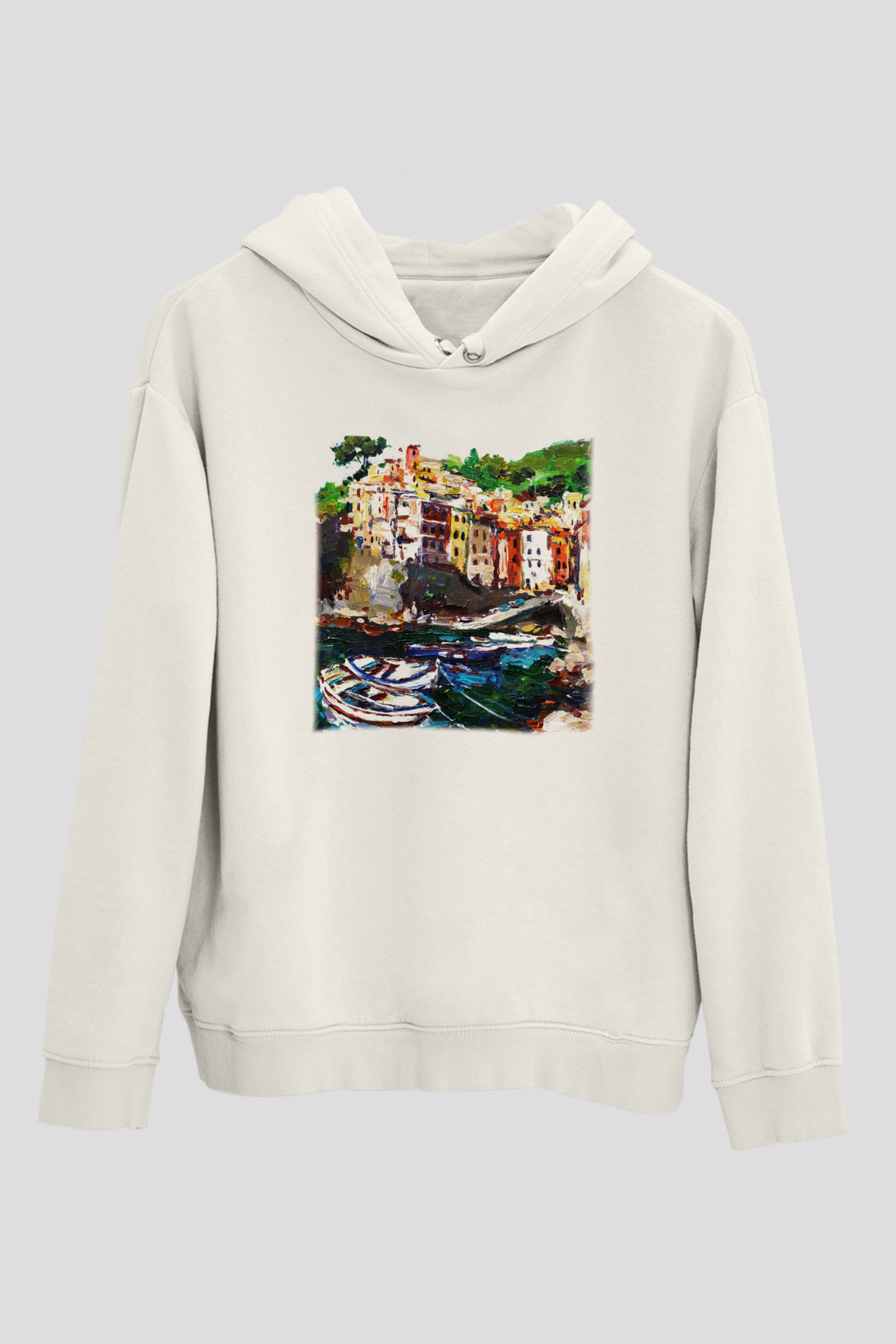 Cinque Terre Beyaz Unisex Kapşonlu Sweatshirt