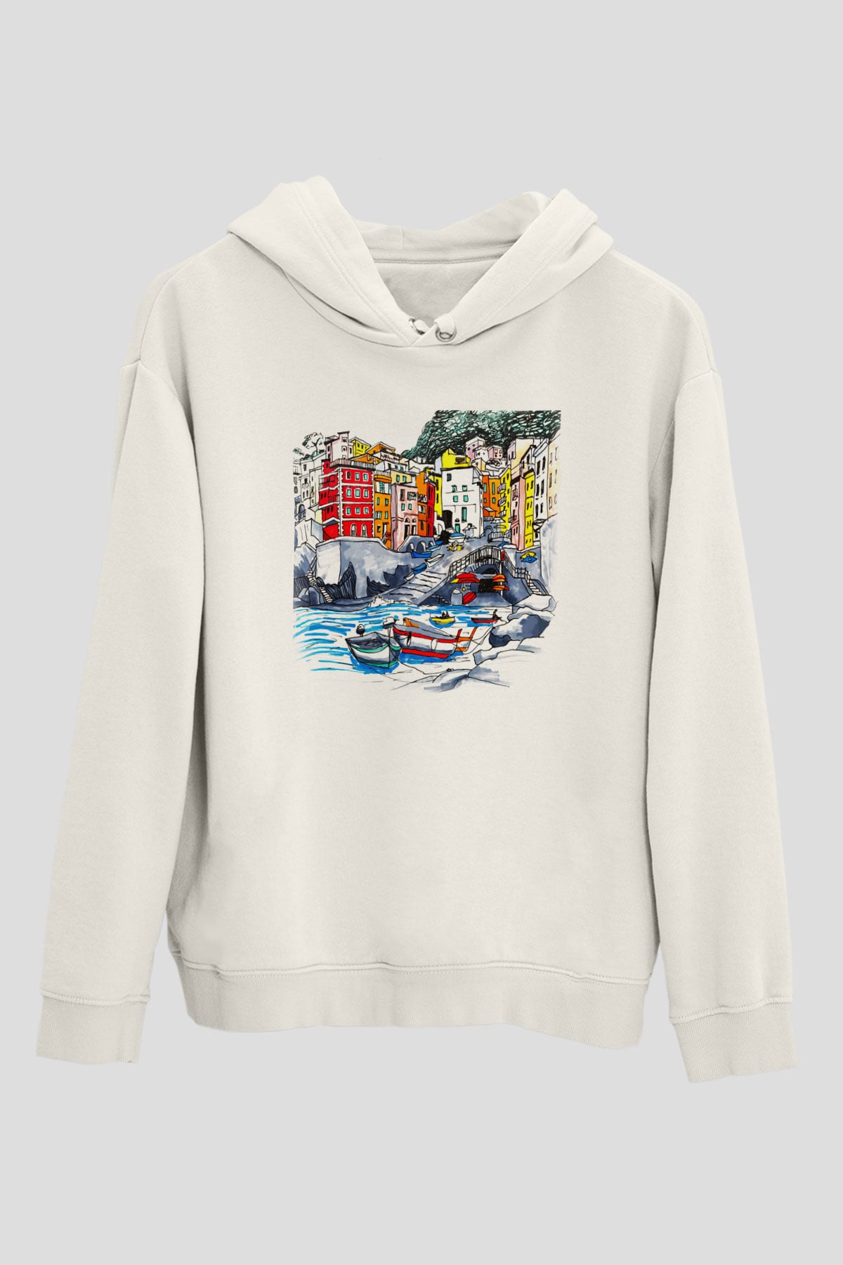 Cinque Terre Beyaz Unisex Kapşonlu Sweatshirt