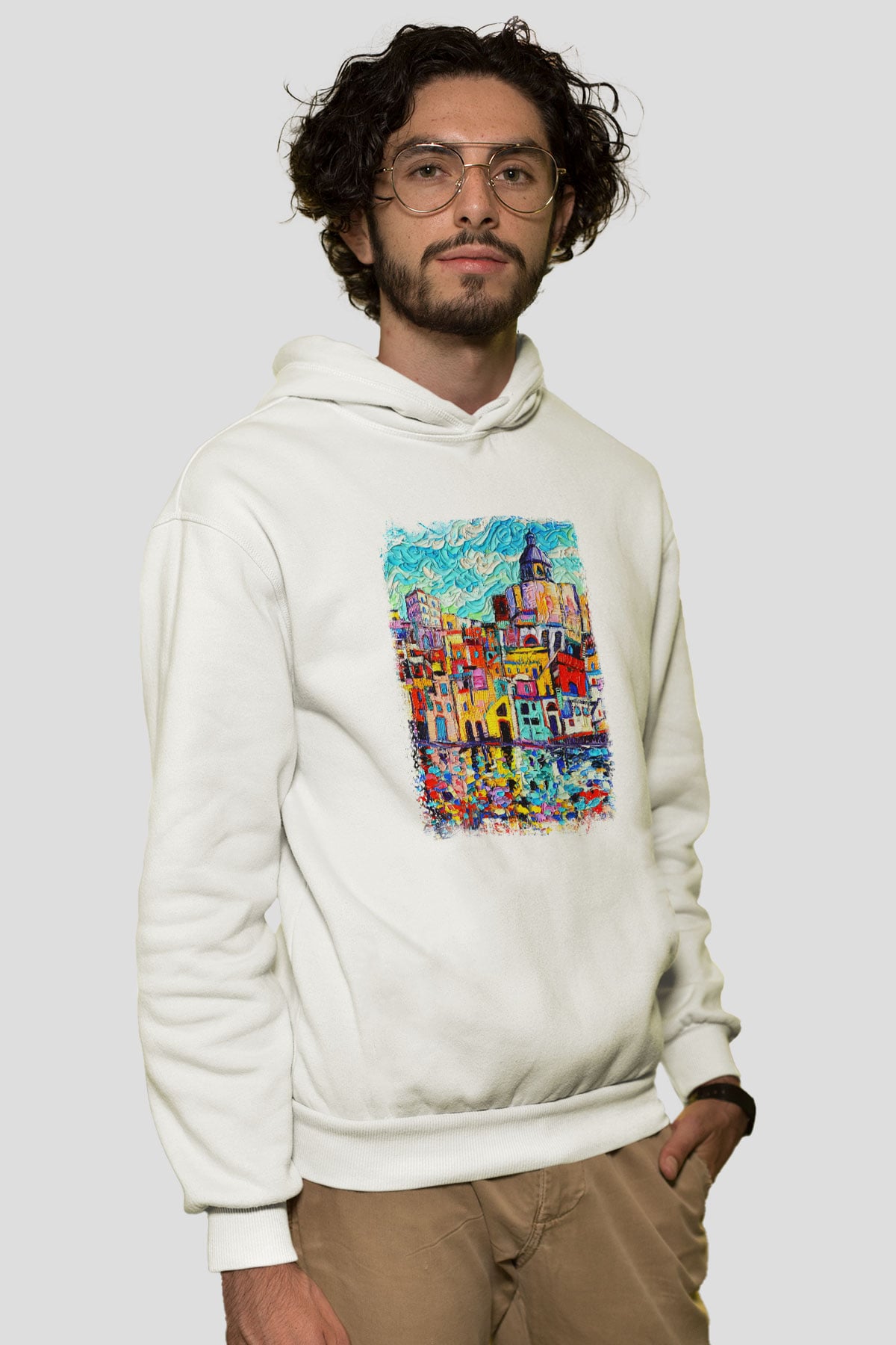 Cinque Terre Beyaz Unisex Kapşonlu Sweatshirt