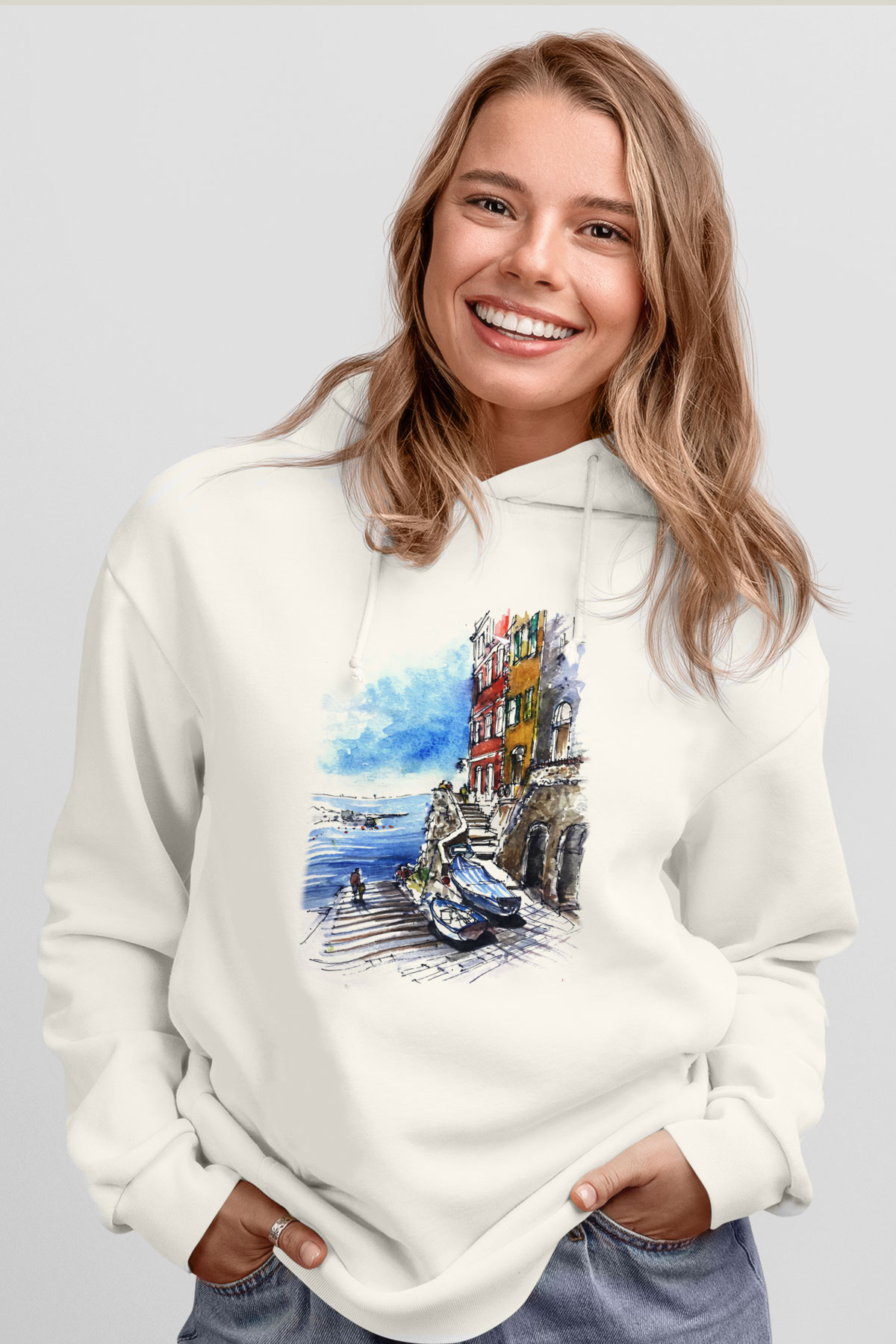 Cinque Terre Beyaz Unisex Kapşonlu Sweatshirt