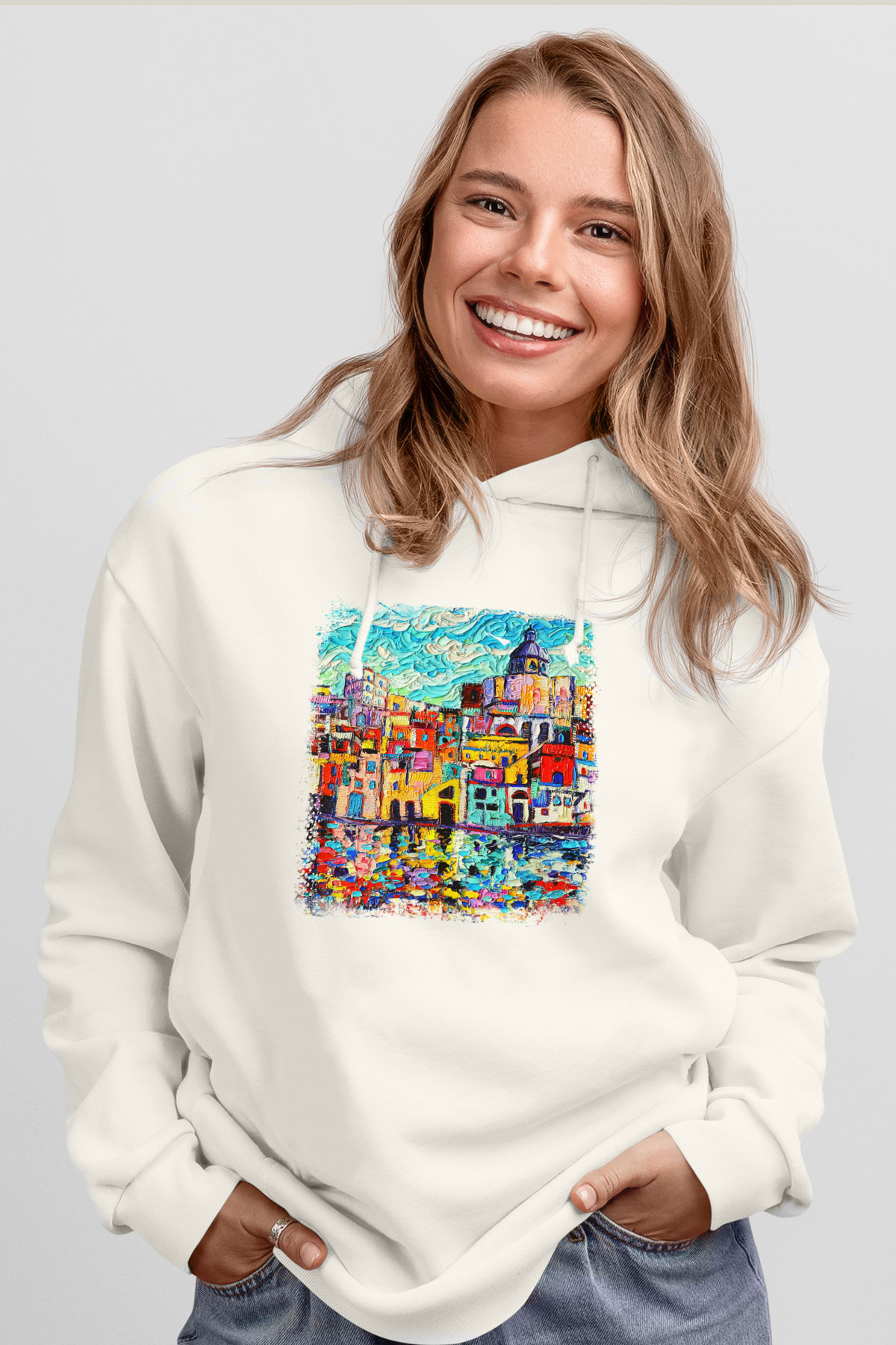 Cinque Terre Beyaz Unisex Kapşonlu Sweatshirt
