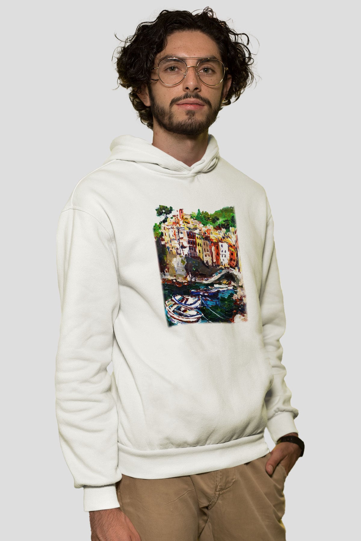 Cinque Terre Beyaz Unisex Kapşonlu Sweatshirt