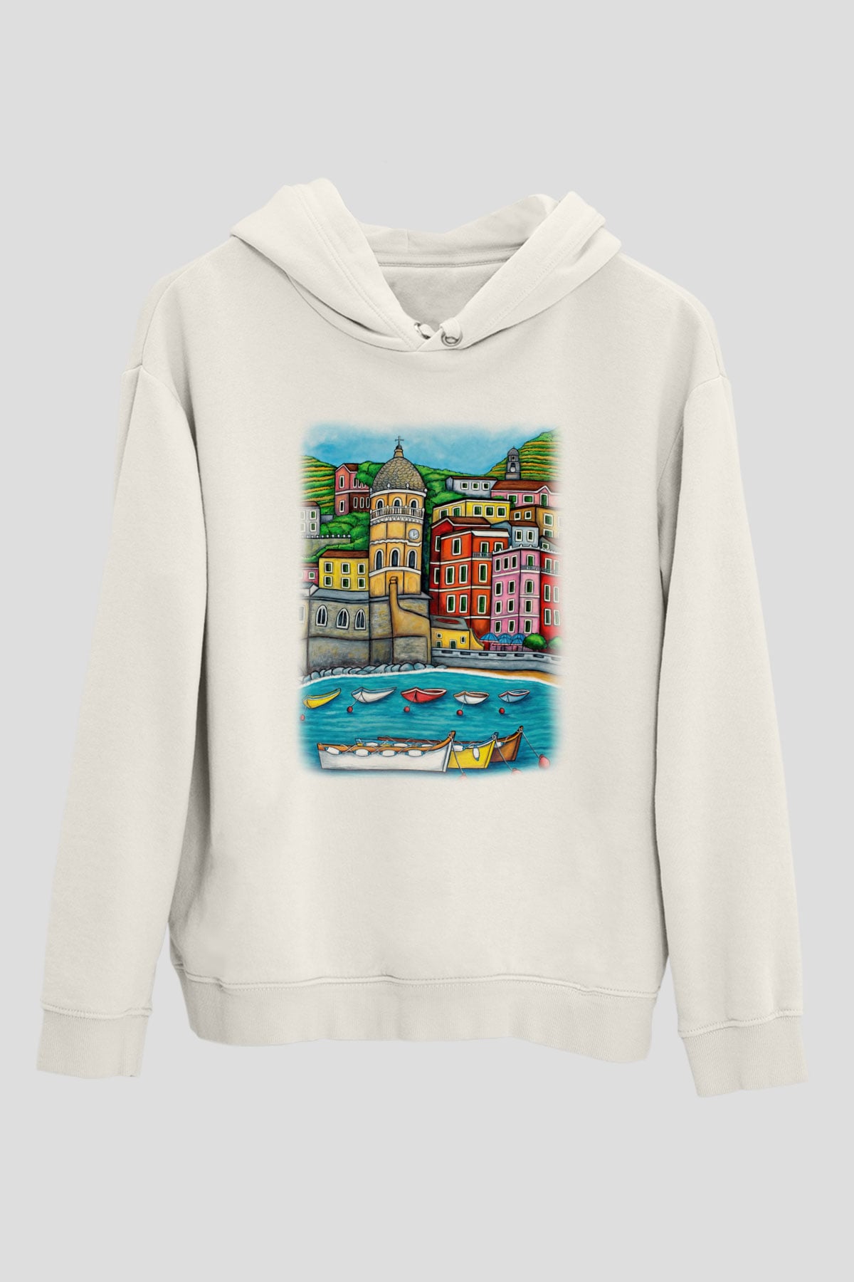Cinque Terre Beyaz Unisex Kapşonlu Sweatshirt