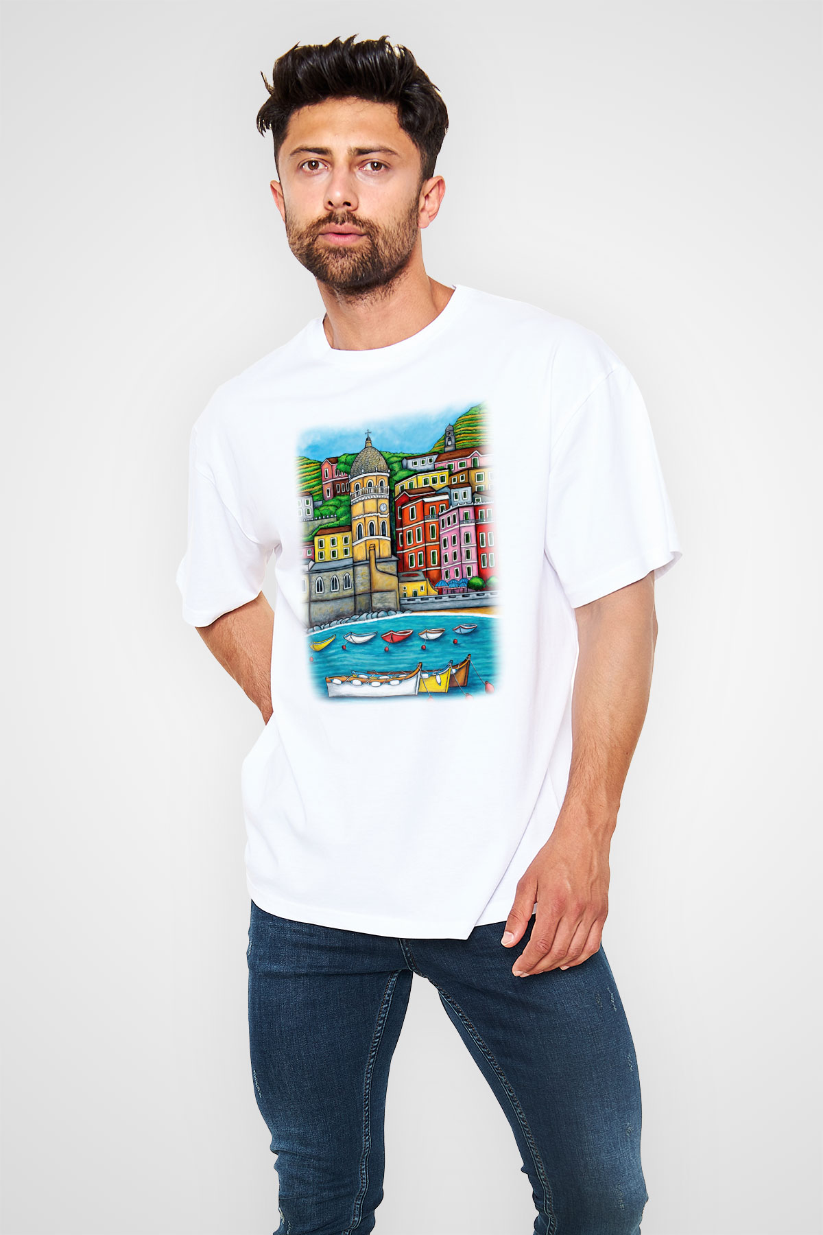Cinque Terre Beyaz Unisex Oversize Tişört T-Shirt