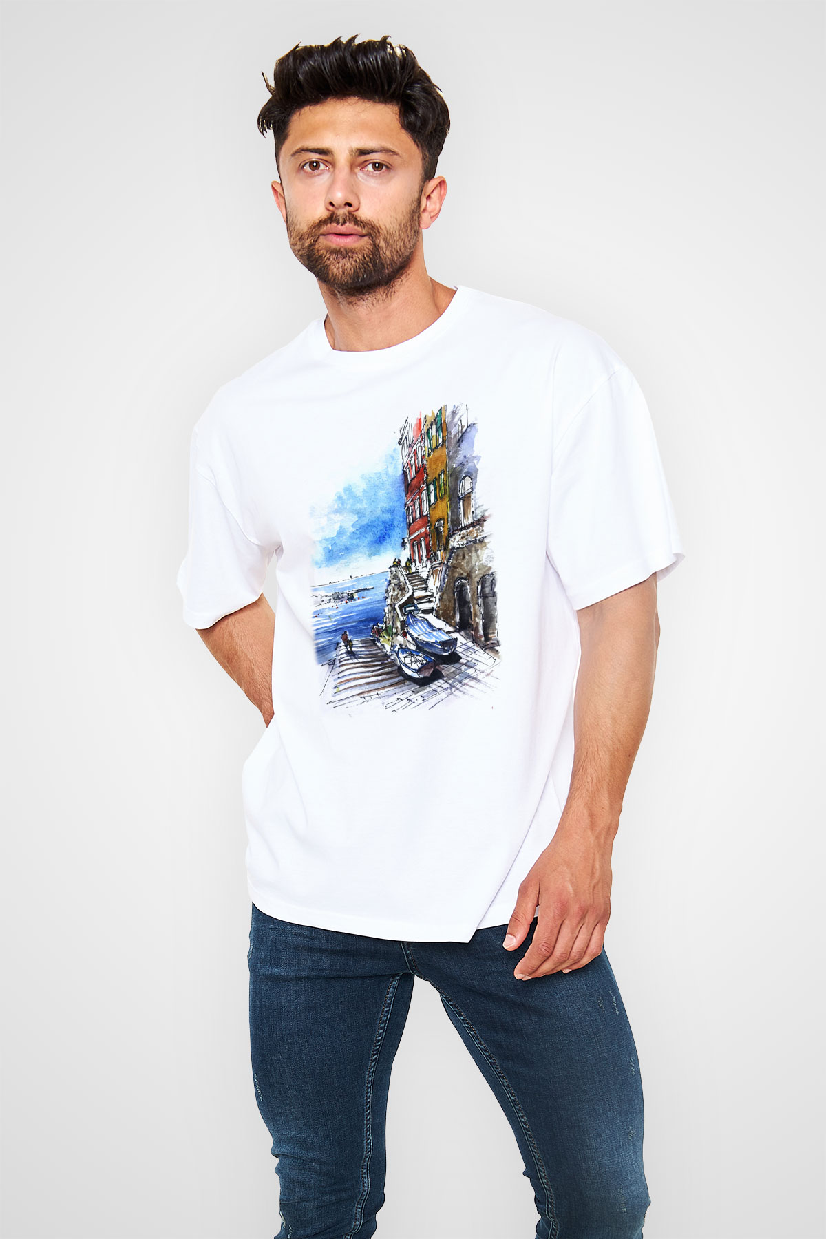 Cinque Terre Beyaz Unisex Oversize Tişört T-Shirt