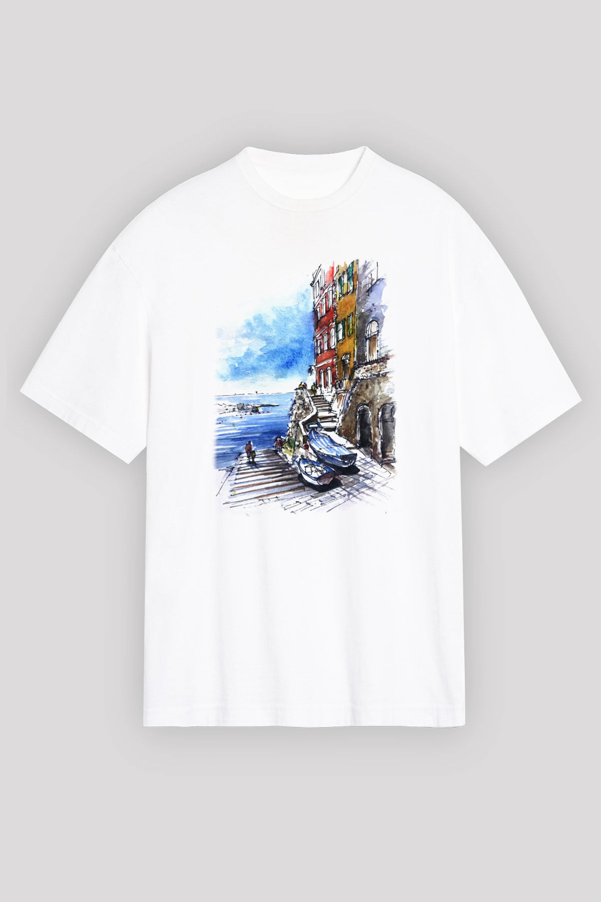 Cinque Terre Beyaz Unisex Oversize Tişört T-Shirt