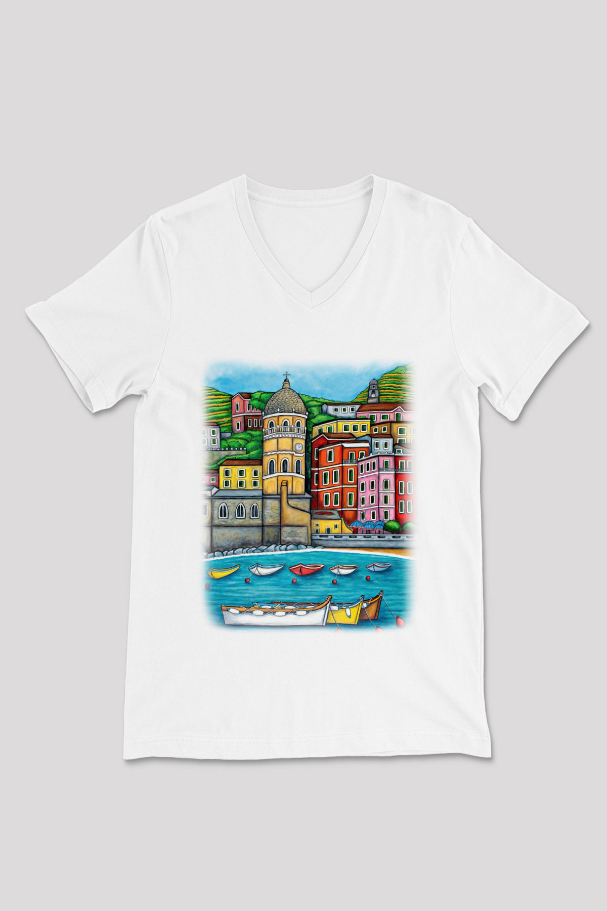 Cinque Terre Beyaz Unisex V Yaka Tişört T-Shirt