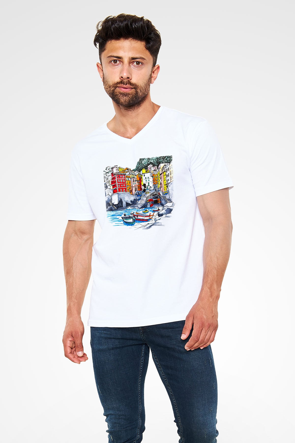 Cinque Terre Beyaz Unisex V Yaka Tişört T-Shirt