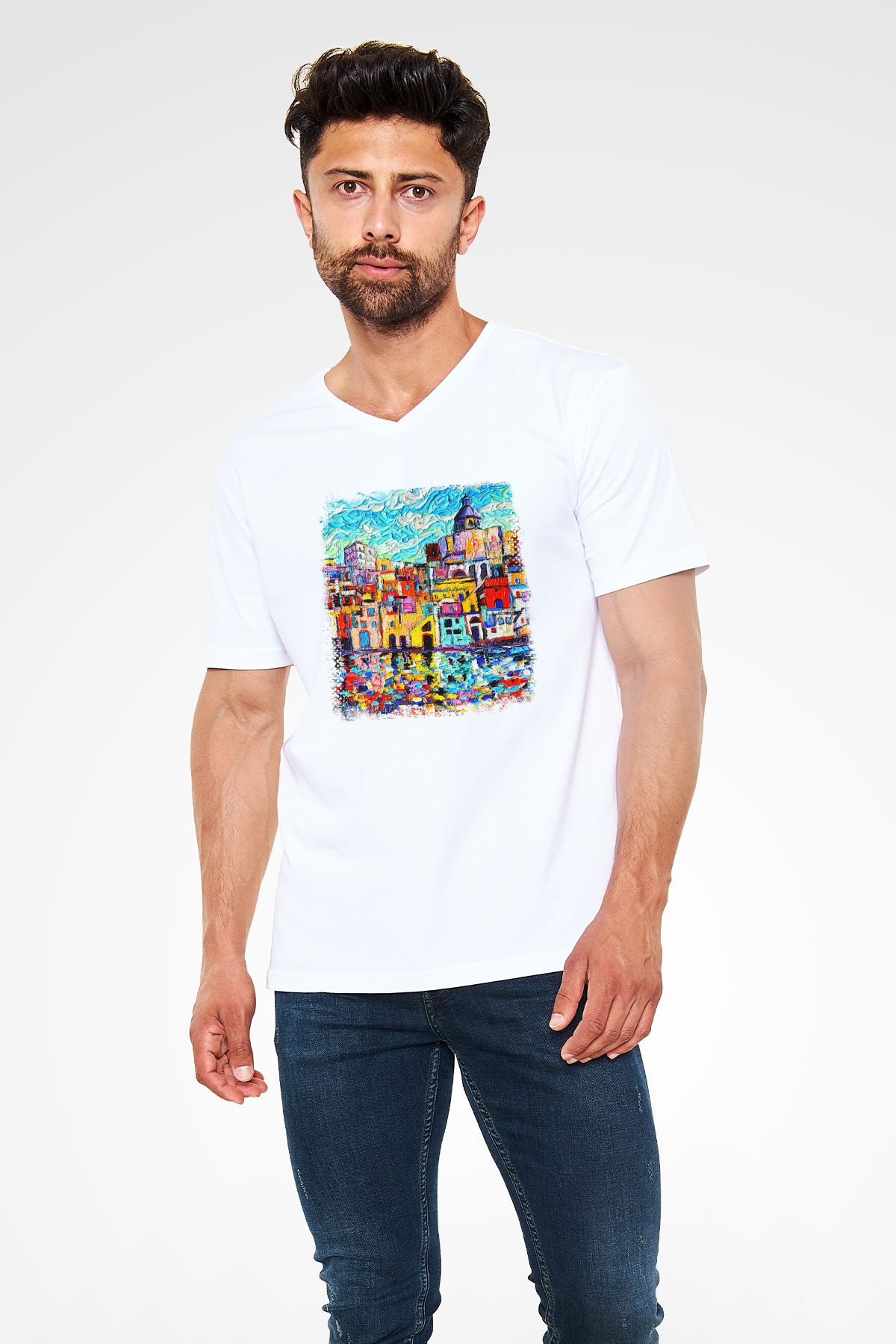 Cinque Terre Beyaz Unisex V Yaka Tişört T-Shirt