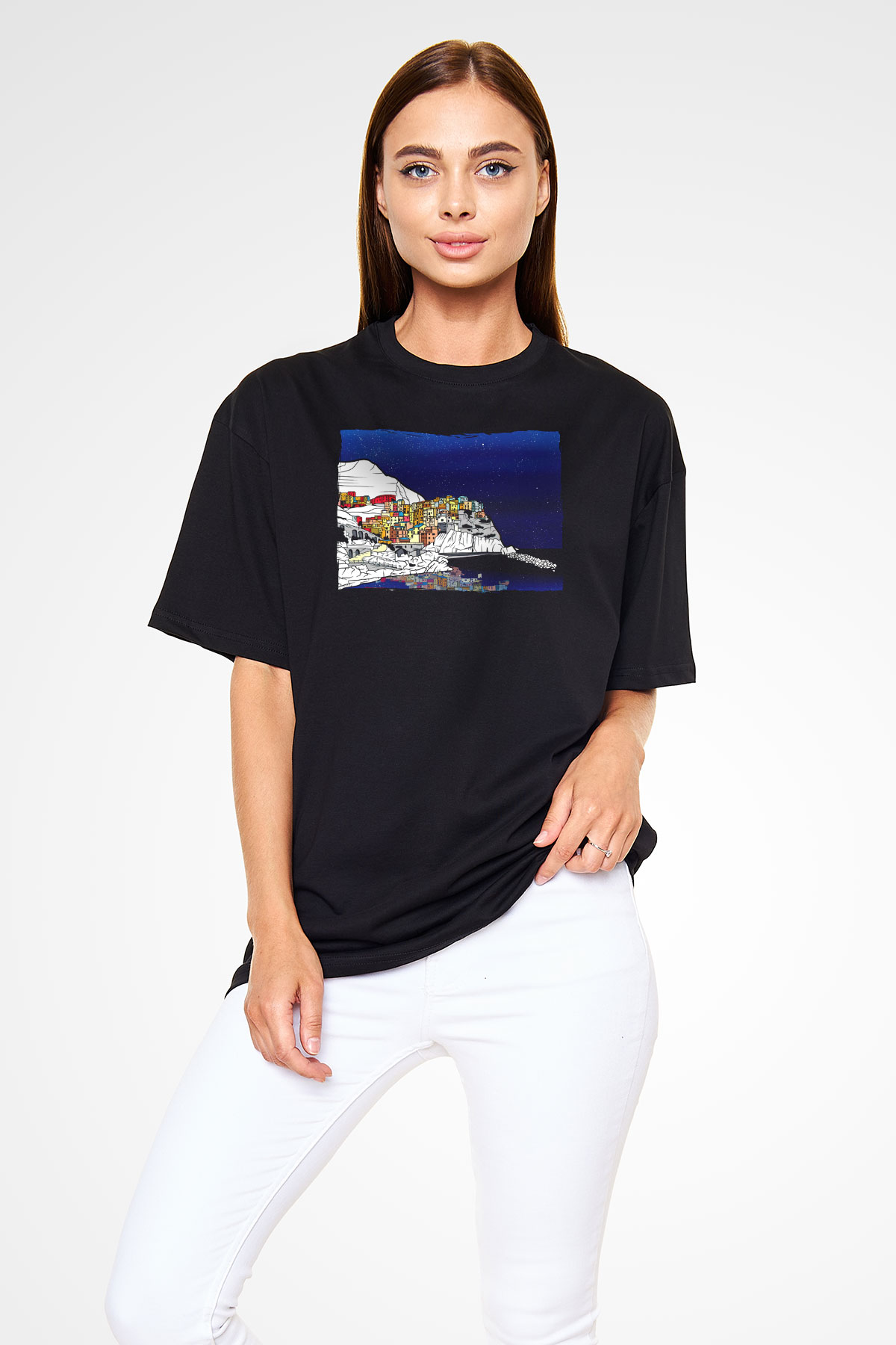 Cinque Terre Siyah Unisex Tişört T-Shirt - TişörtFabrikası