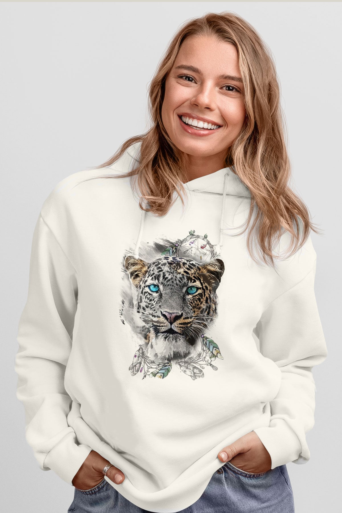 Çita Beyaz Unisex Kapüşonlu Sweatshirt