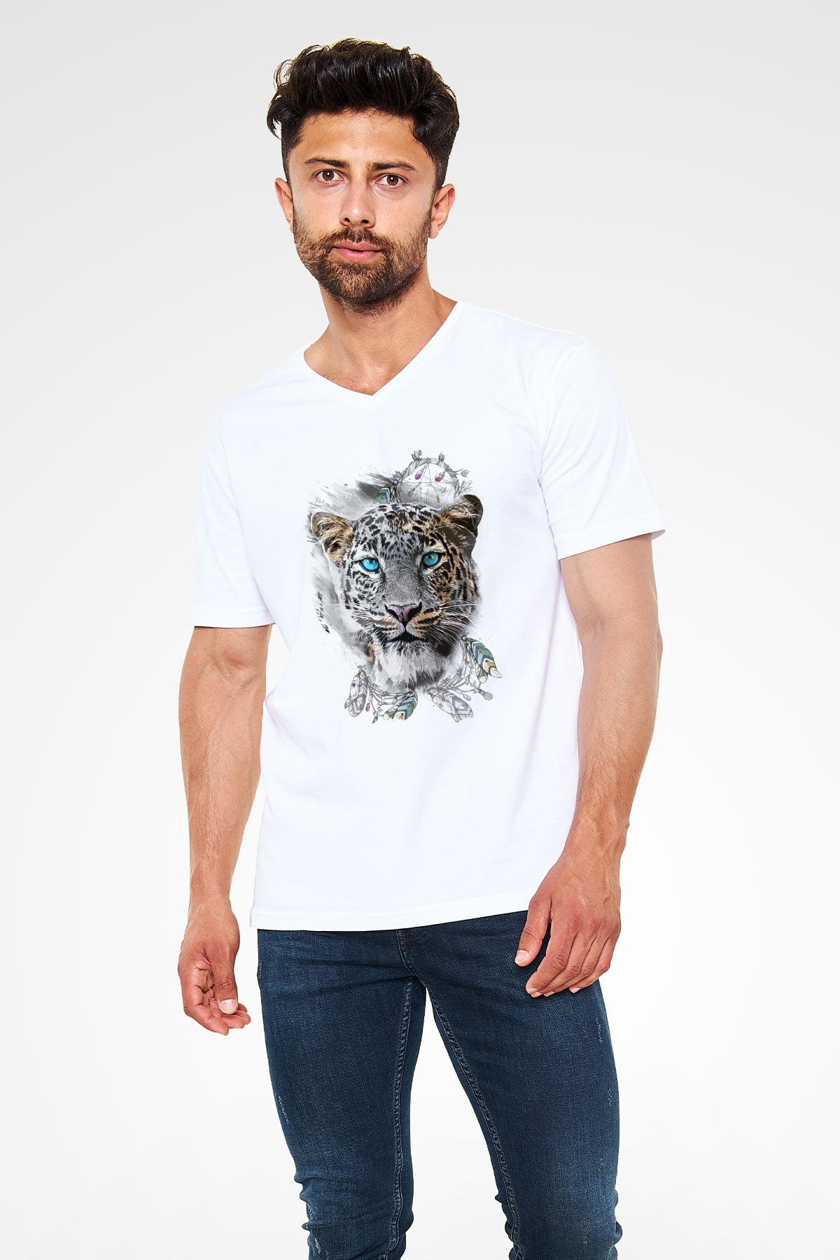 Çita Beyaz Unisex V Yaka Tişört