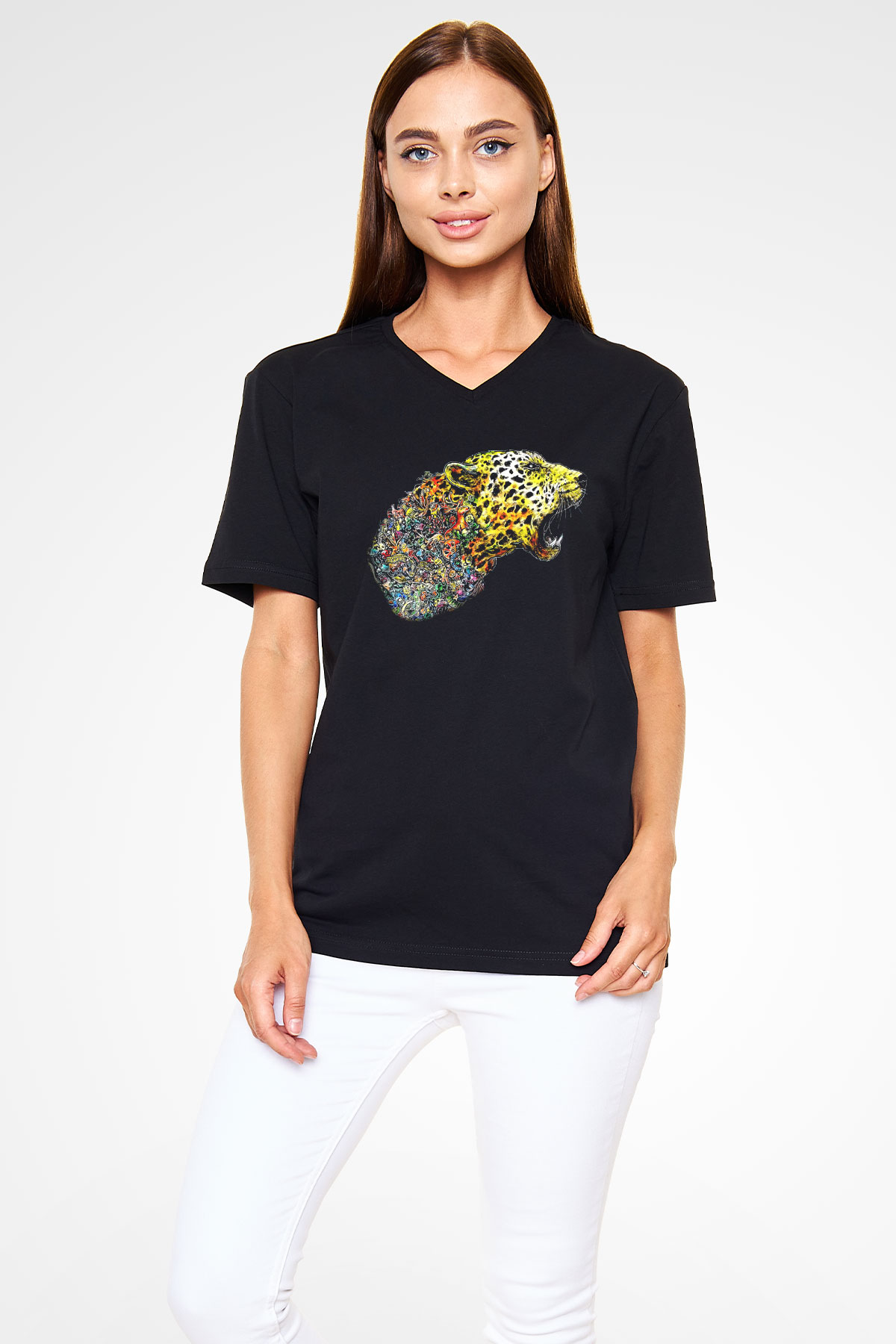 Çita Siyah Unisex V Yaka Tişört T-Shirt