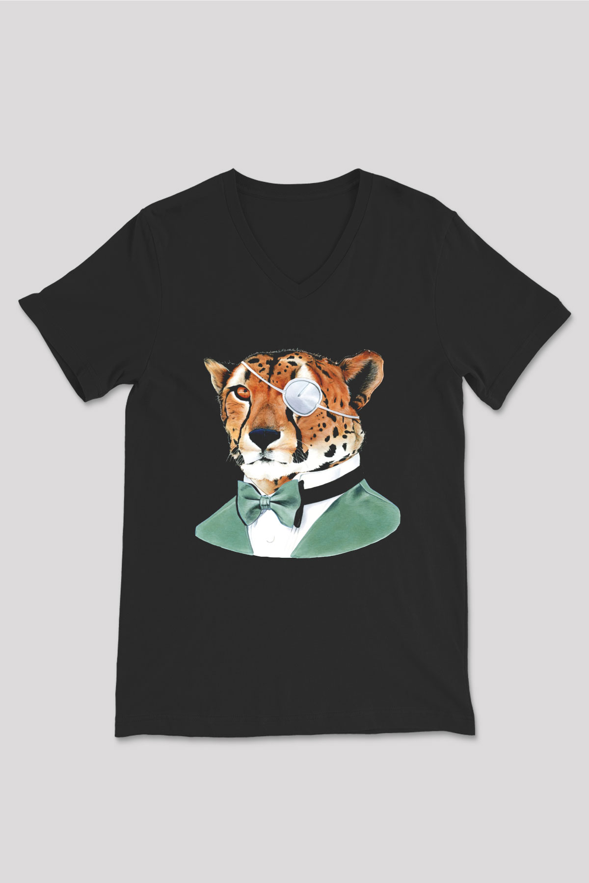Çita Siyah Unisex V Yaka Tişört T-Shirt