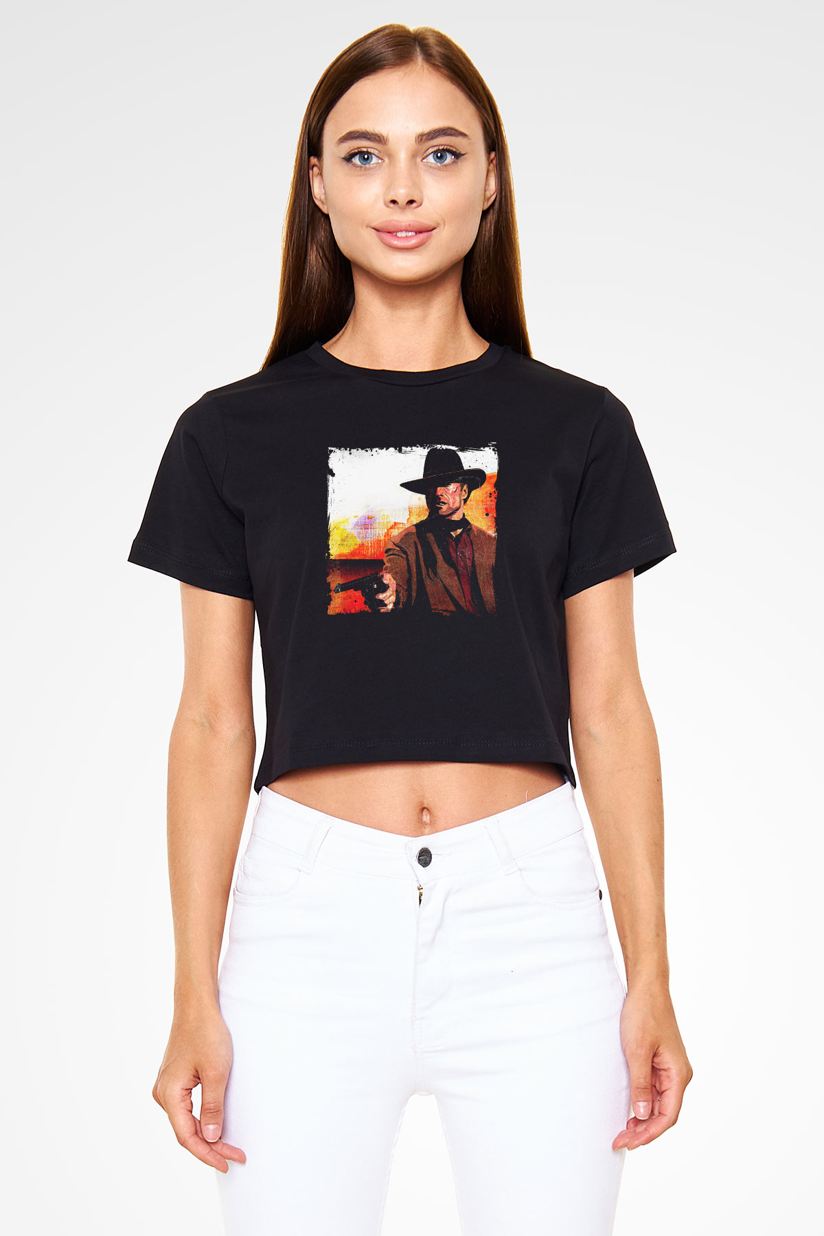 Clint Eastwood Baskılı Siyah Kadın Crop Top Tişört