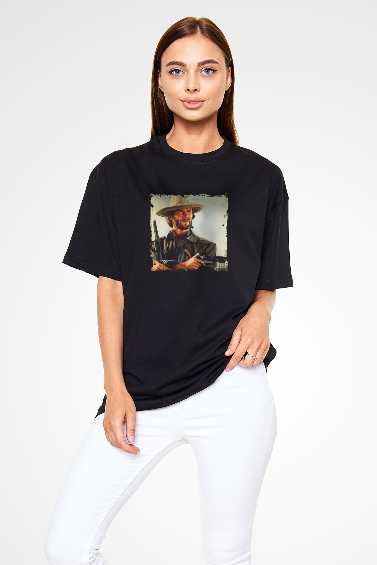 Clint Eastwood Baskılı Unisex Siyah Oversize Tişört