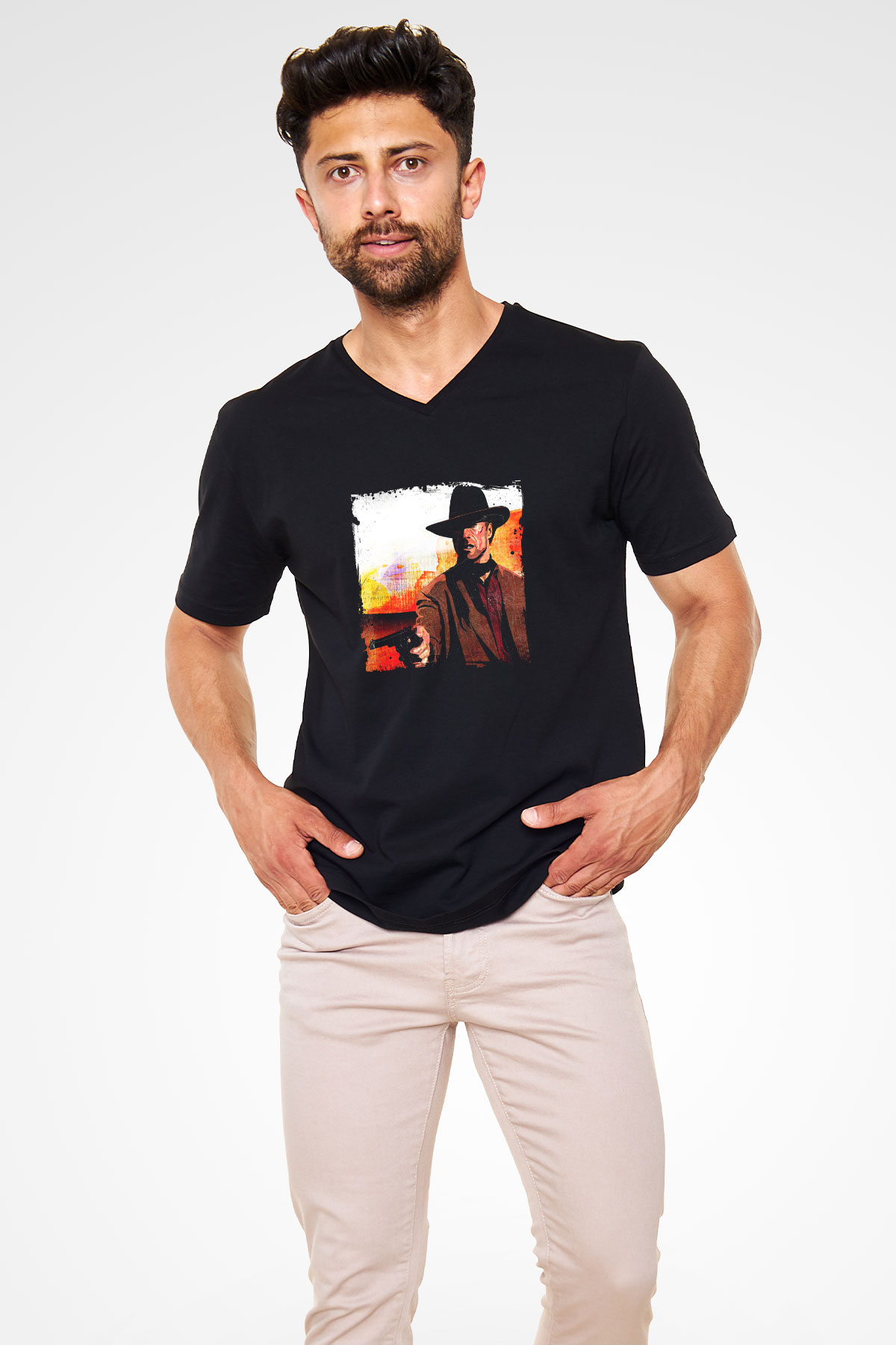 Clint Eastwood Baskılı Unisex Siyah V Yaka Tişört