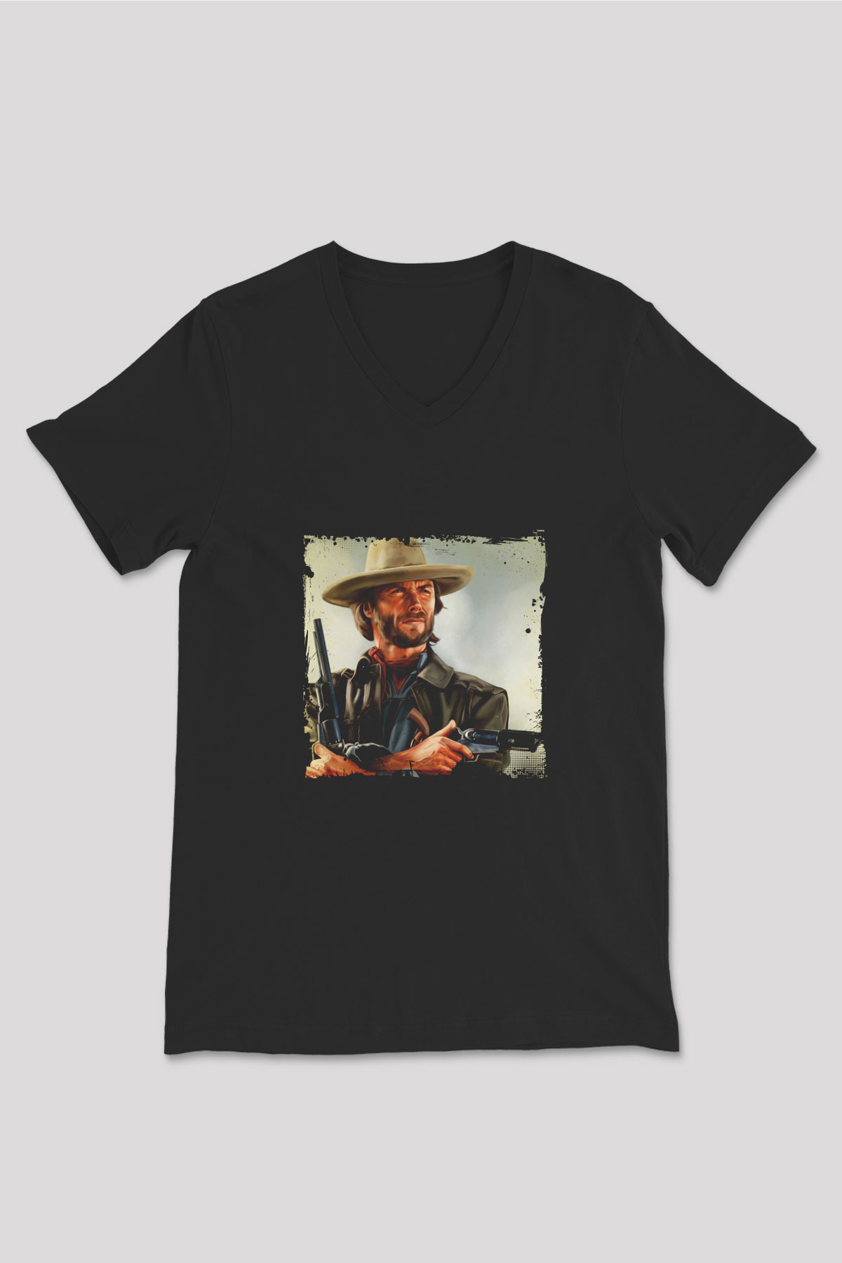 Clint Eastwood Baskılı Unisex Siyah V Yaka Tişört