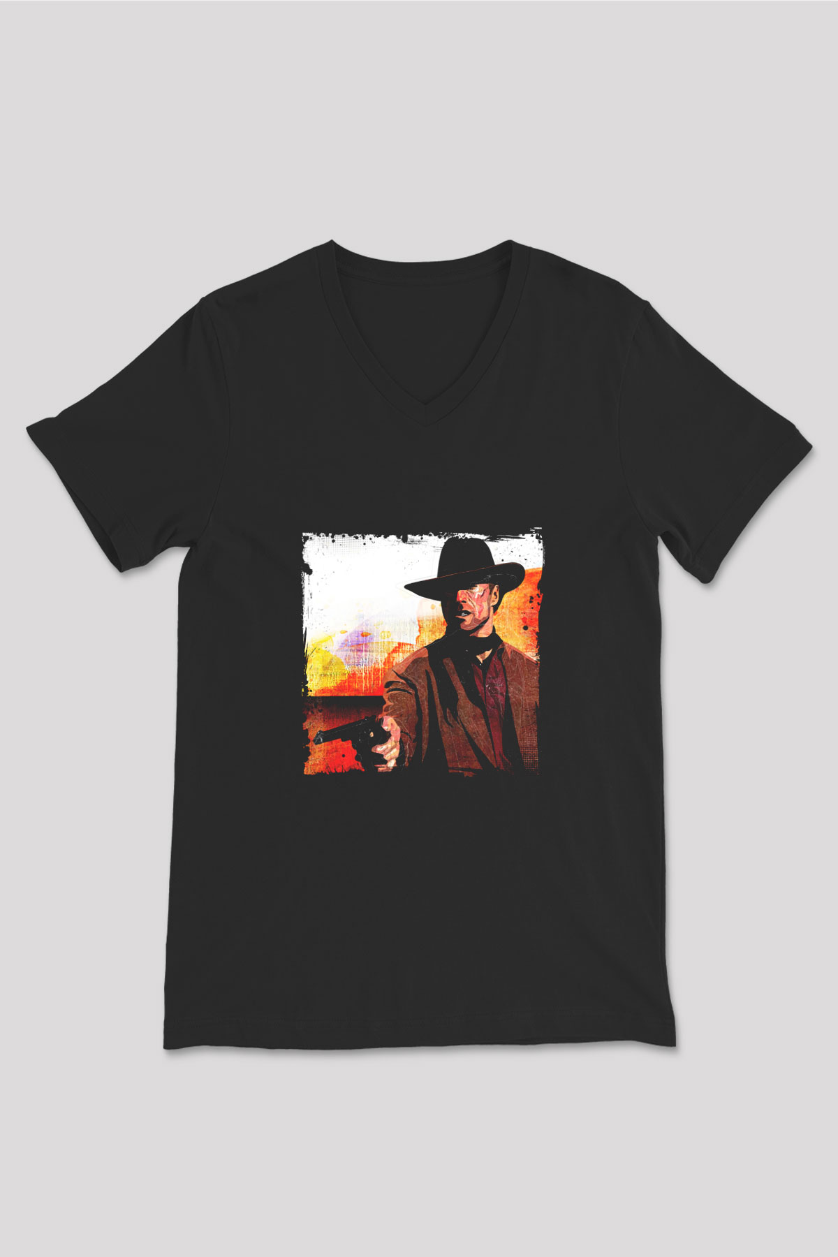 Clint Eastwood Baskılı Unisex Siyah V Yaka Tişört