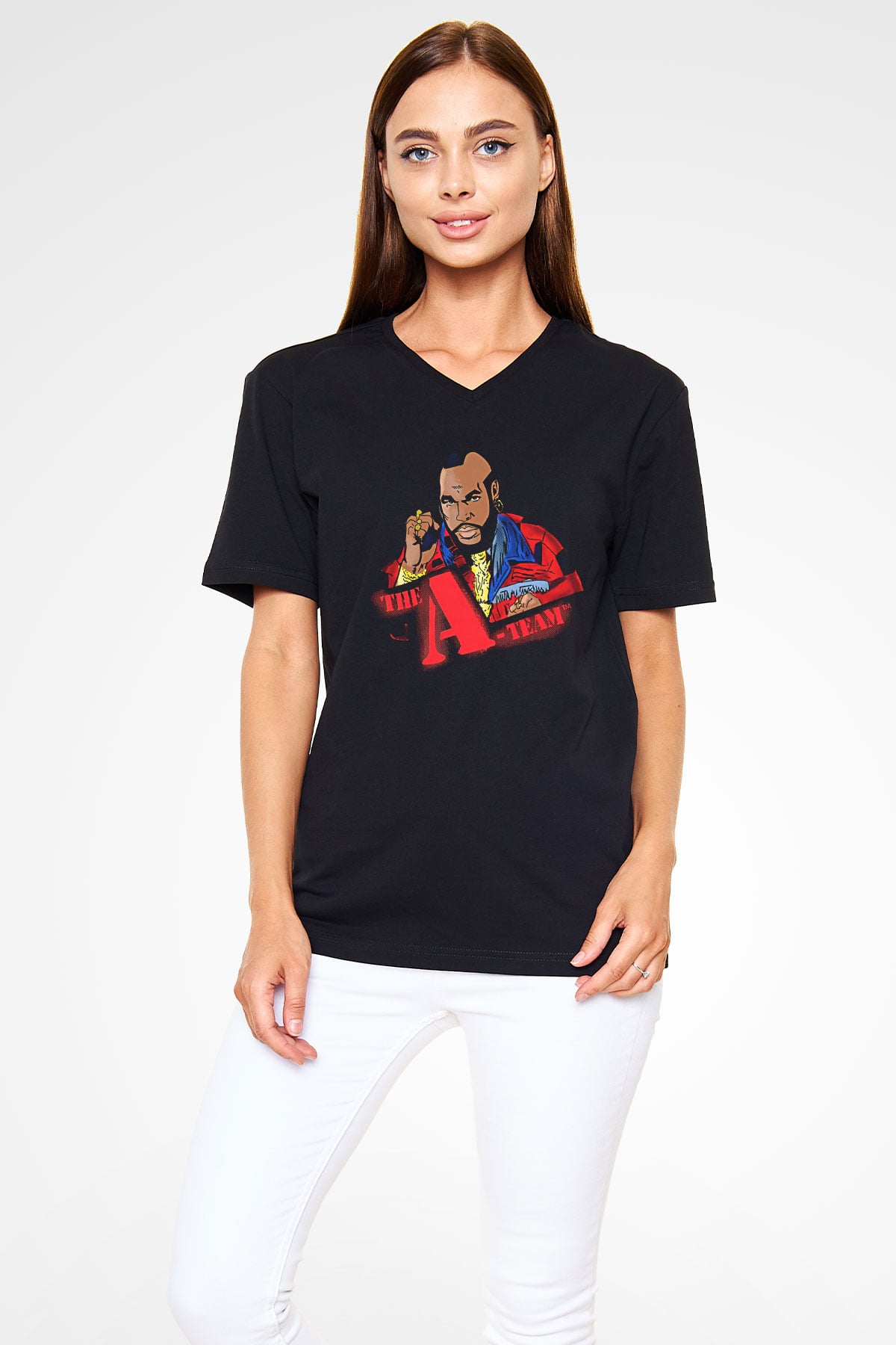 Clubber Baskılı Unisex Siyah V Yaka Tişört - Tshirt