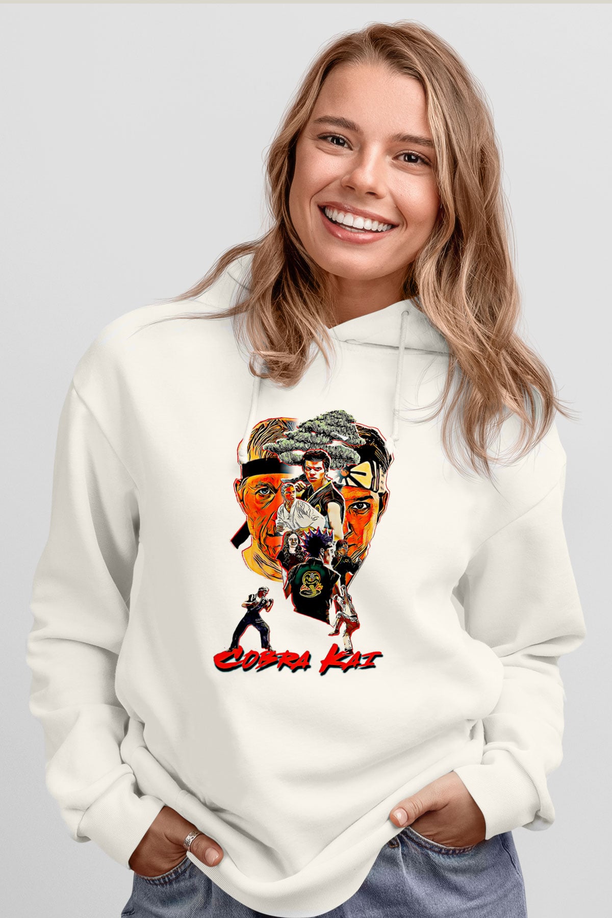 Cobra Kai Baskılı Beyaz Unisex Hoodie