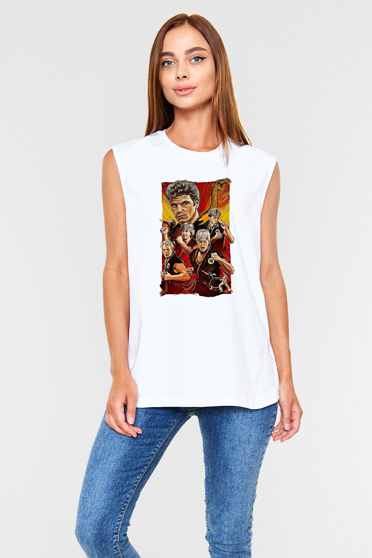 Cobra Kai Baskılı Beyaz Unisex Kolsuz Tişört - Tshirt